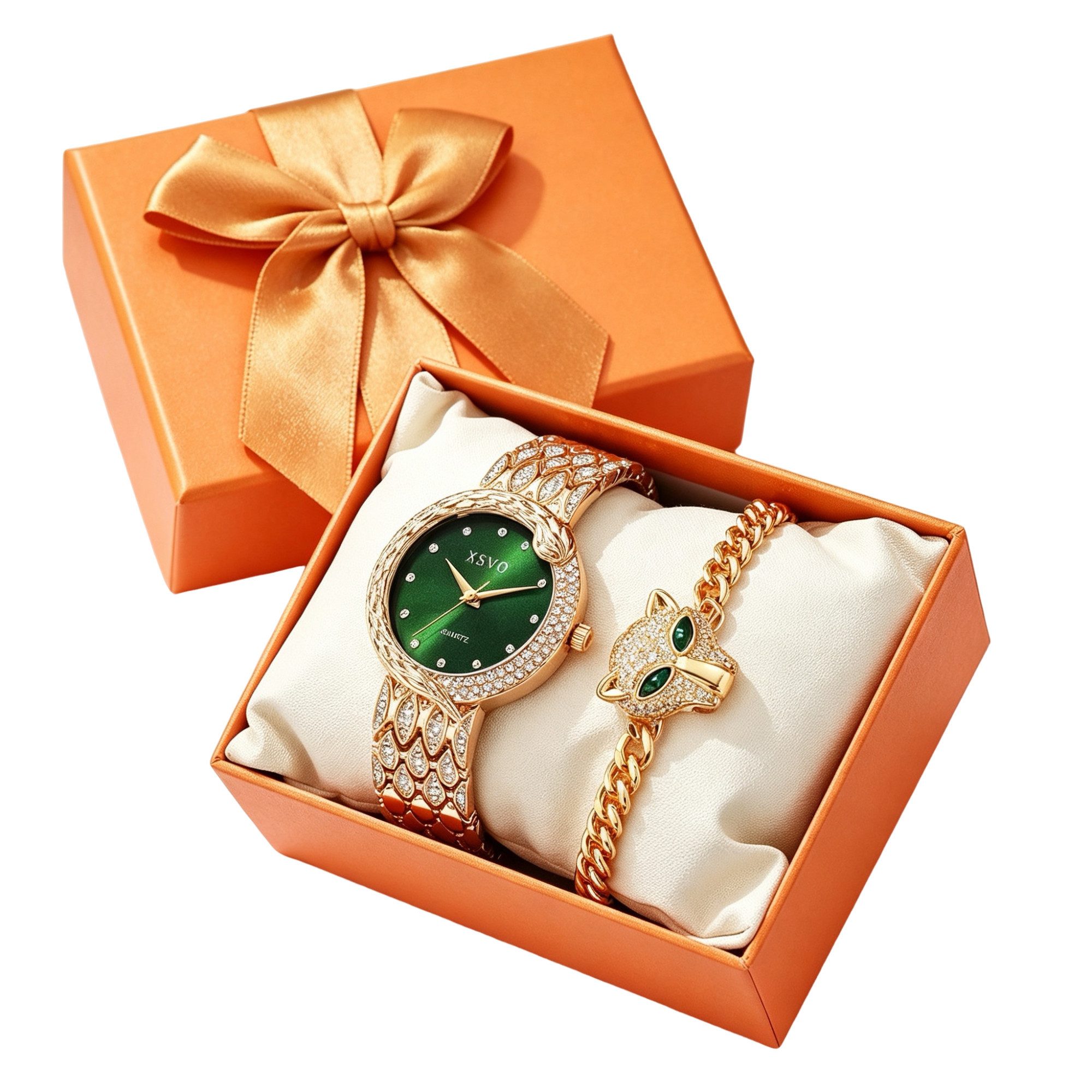 Fyrove Quarzuhr Damen Quarzuhr Schmuckset mit Panter-Armband,Geschenk für Frauen, (Luxus Geschenkset mit goldener Damenuhr, Smaragdgrünem Zifferblatt & Zirkonia-Schmuck für Frauen, Valentinstag, Geburtstag, Weihnachten), Weihnachtsgeschenk für Frauen,Edle