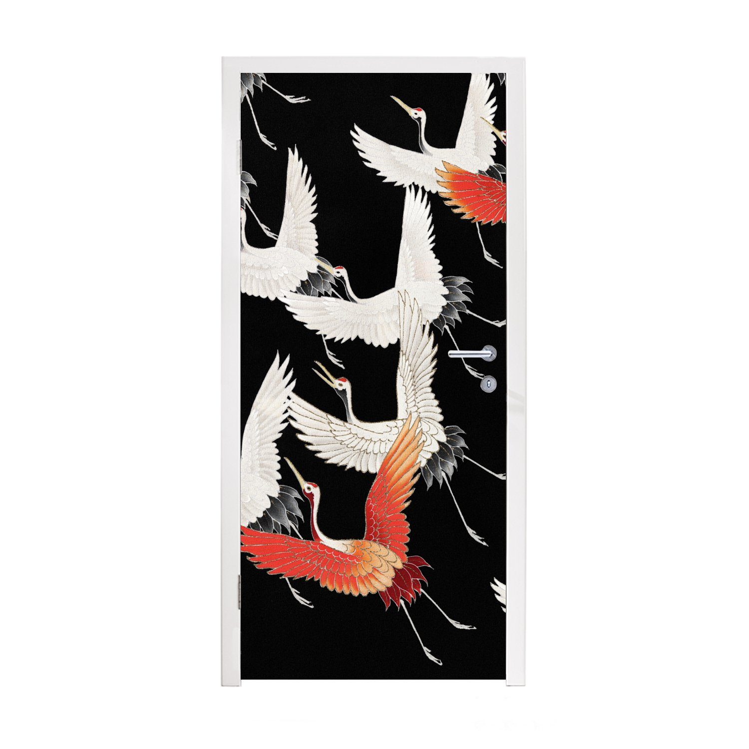 MuchoWow Türtapete Japandi - Kranich - Rot - Weiß, Matt, bedruckt, (1 St), Fototapete für Tür, Türaufkleber, 75x205 cm
