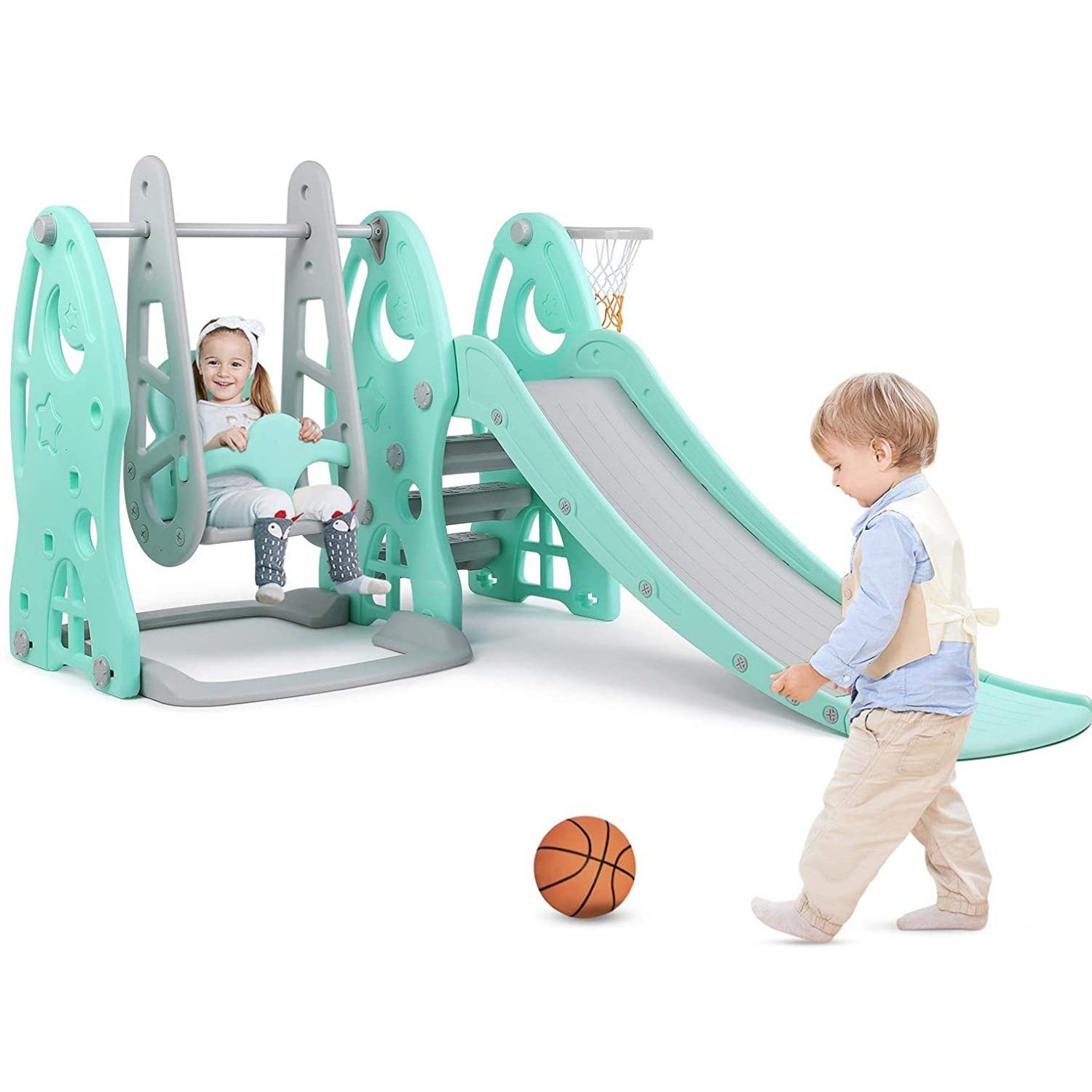 TLGREEN Rutsche Kinderrutsche mit Schaukel, 4 in 1 Kinderspielplatz Indoor Outdoor