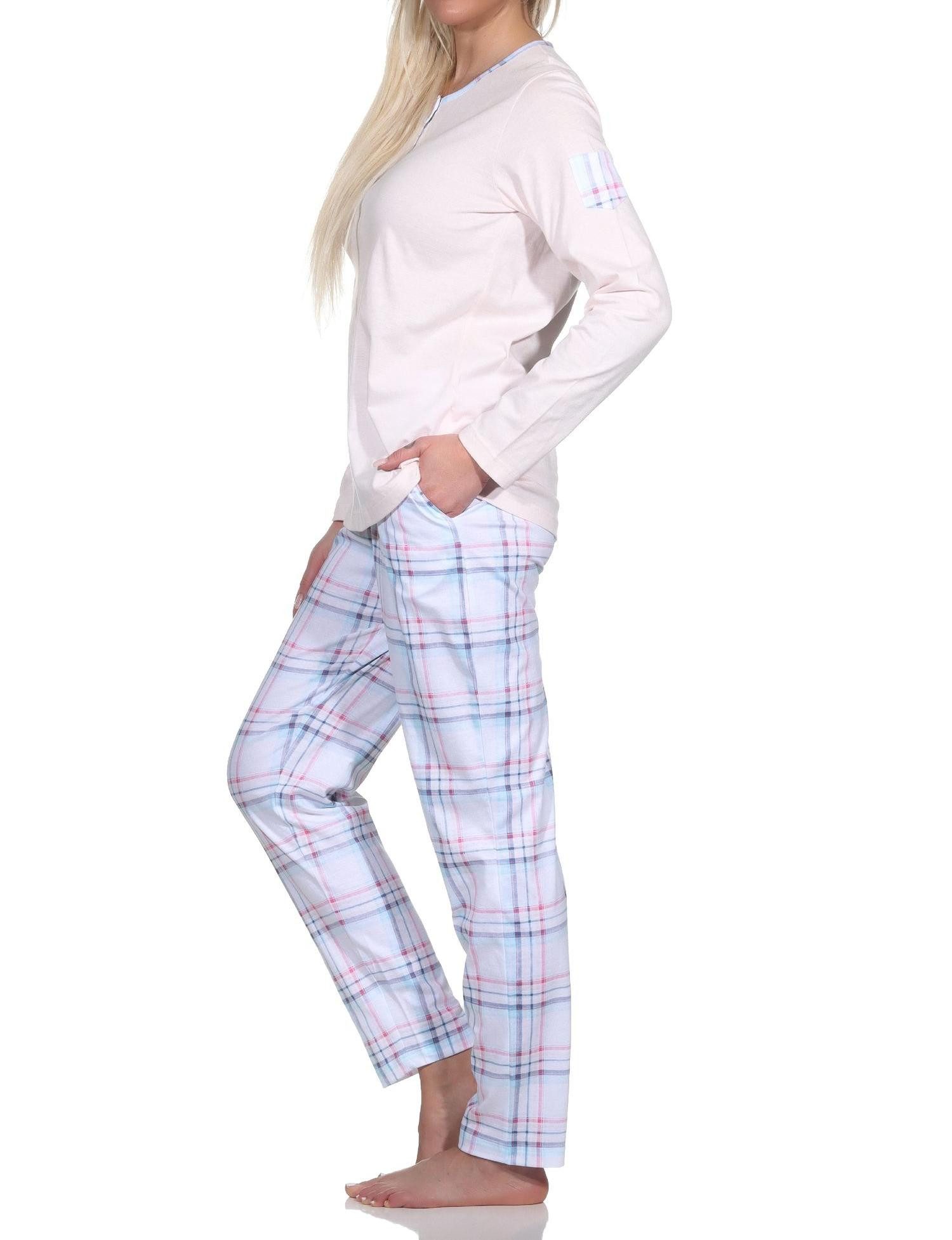 Pyjama Damen Schlafanzug langarm Pyjama mit karierter Hose aus Jersey