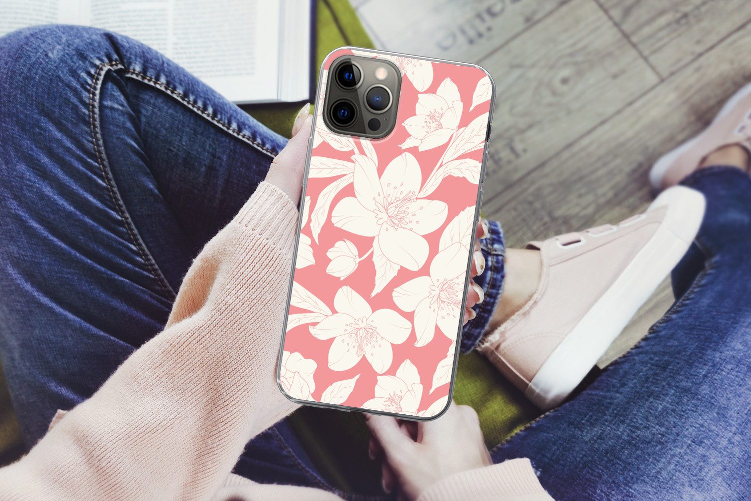 MuchoWow Handyhülle für Apple iPhone 13 Pro Max Blumen - Muster - Rosa - Weiß, Smartphone-Bumper, Print, Handy Schutzhülle Dünn