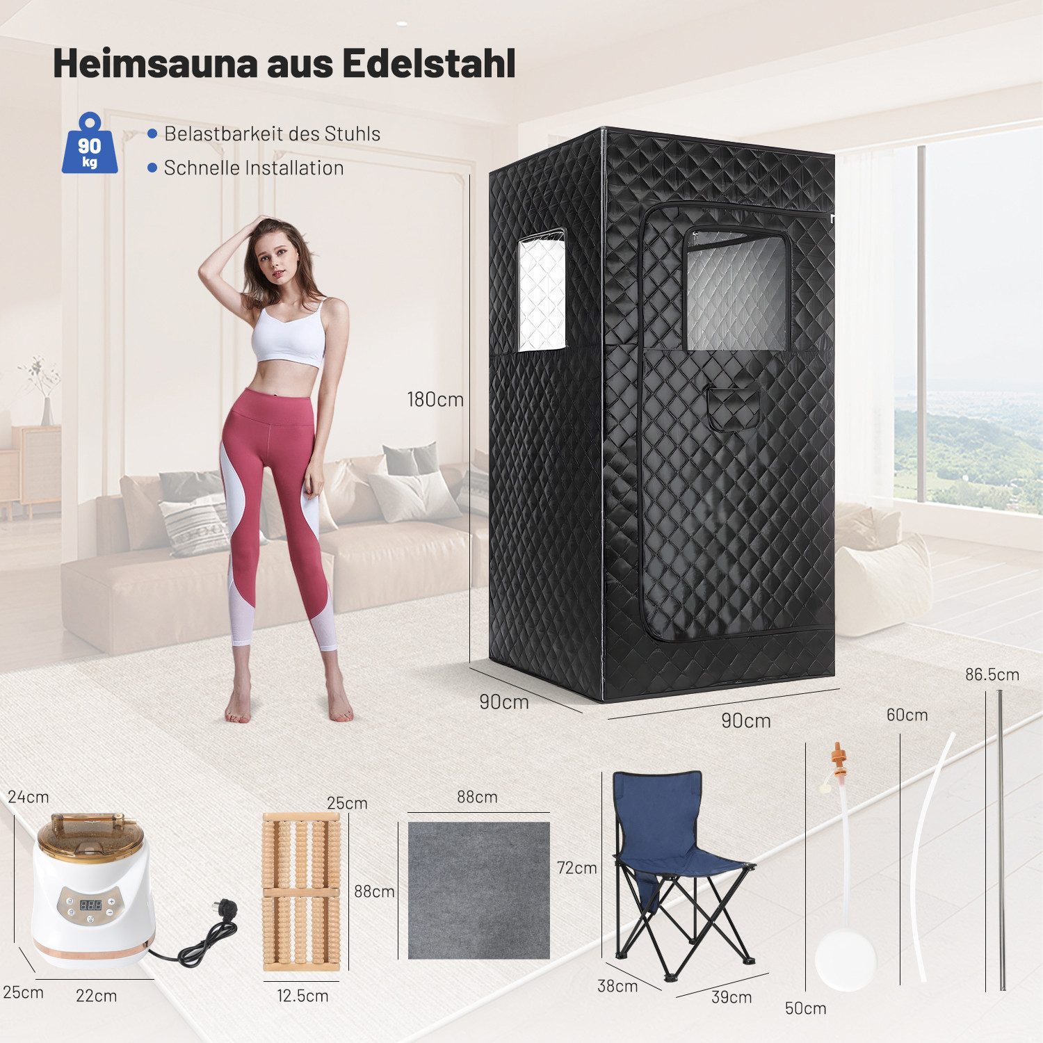 kehot Sauna Dampfsauna für Zuhause 90×90×180 cm, Tragbare Heims Sauna, Entspannung, (Platzsparende Heimsauna mit 1500 W Dampfgenerator und 3 L Tank, Quadratische Saunakabine mit Timer, Fernbedienung und 9 Stufen) Faltbare Wellness Sauna mit Stuhl, Fußmatte und Fußmassagegerät
