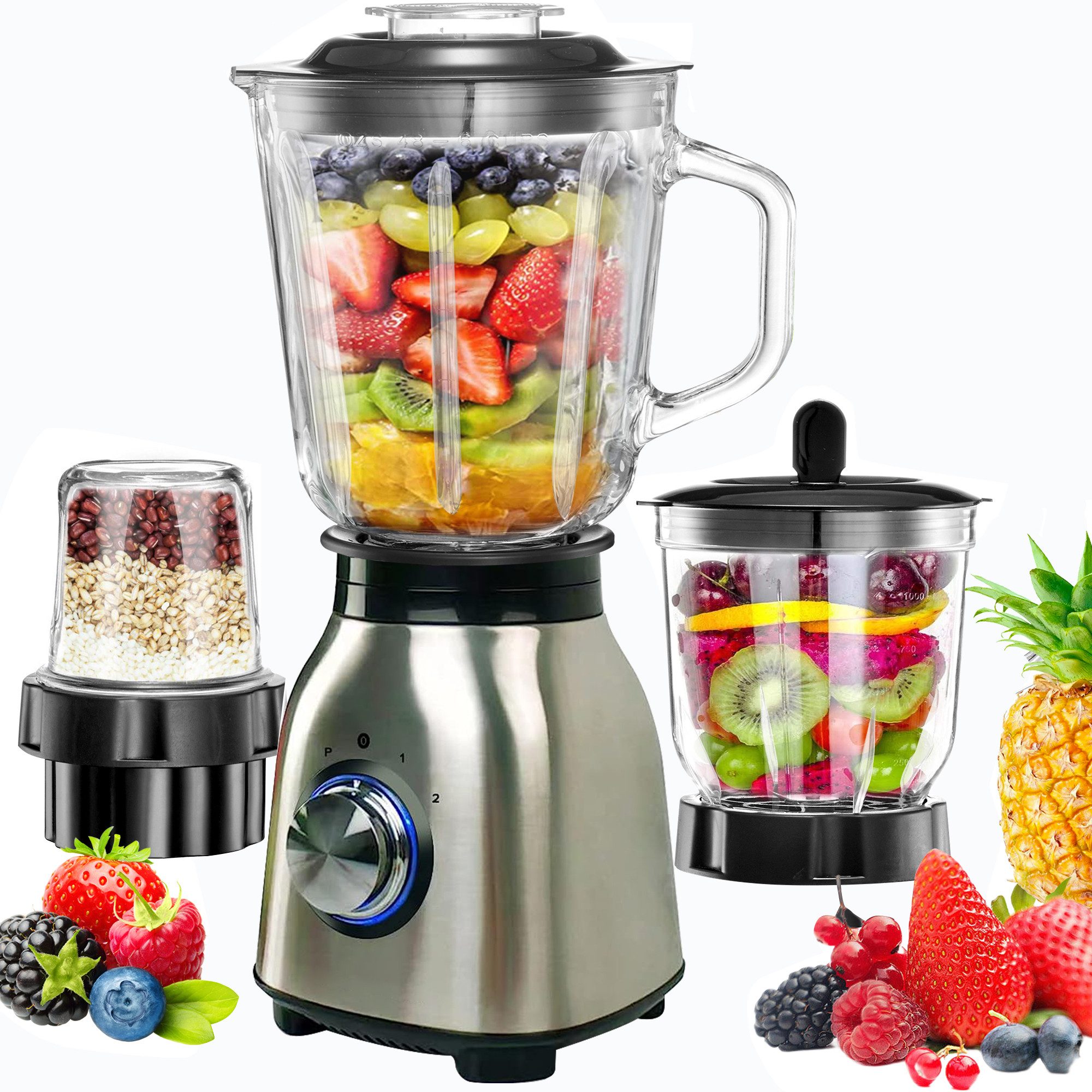 OYLCDI Standmixer Standmixer Mixer Smoothie Maker für Püree,Ice Crush,Shakes,VitaBoost, 1500 W, 2 Ebenen, Edelstahl,1,5L Glasaufsatz,Tragbare Tasse,Blender elektrisch