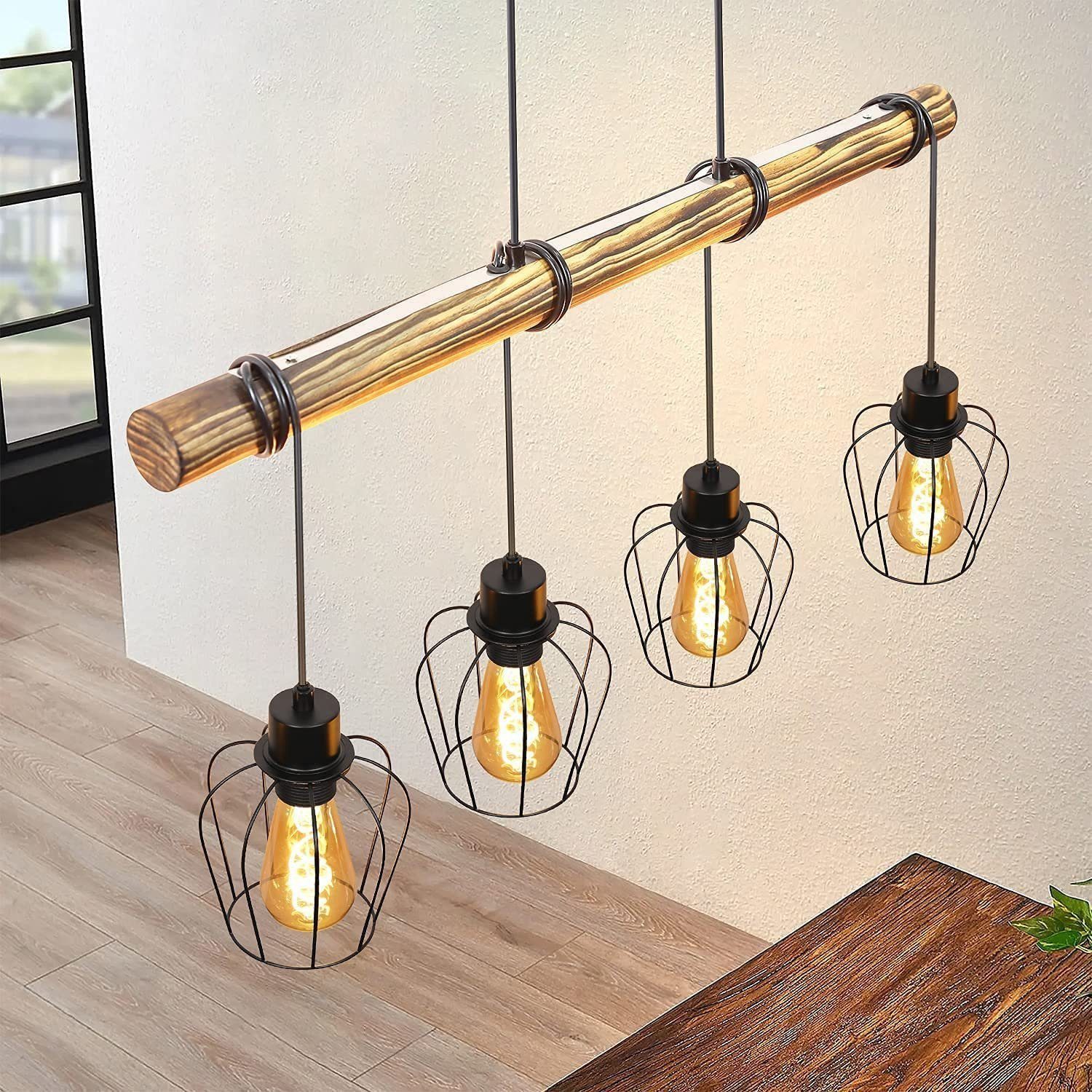 ZMH Pendelleuchte Esszimmer Retro 4 Flammig 190CM Pendellampe höhenverstellbar Hotel, Einfache Installation, ohne Leuchtmittel, Vintage Pendelleuchte aus Holz in industriell-Stil