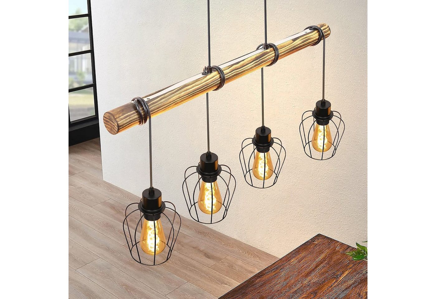ZMH Pendelleuchte Esszimmer Retro 4 Flammig 190CM Pendellampe höhenverstellbar Hotel, Einfache Installation, ohne Leuchtmittel, Vintage Pendelleuchte aus Holz in industriell-Stil