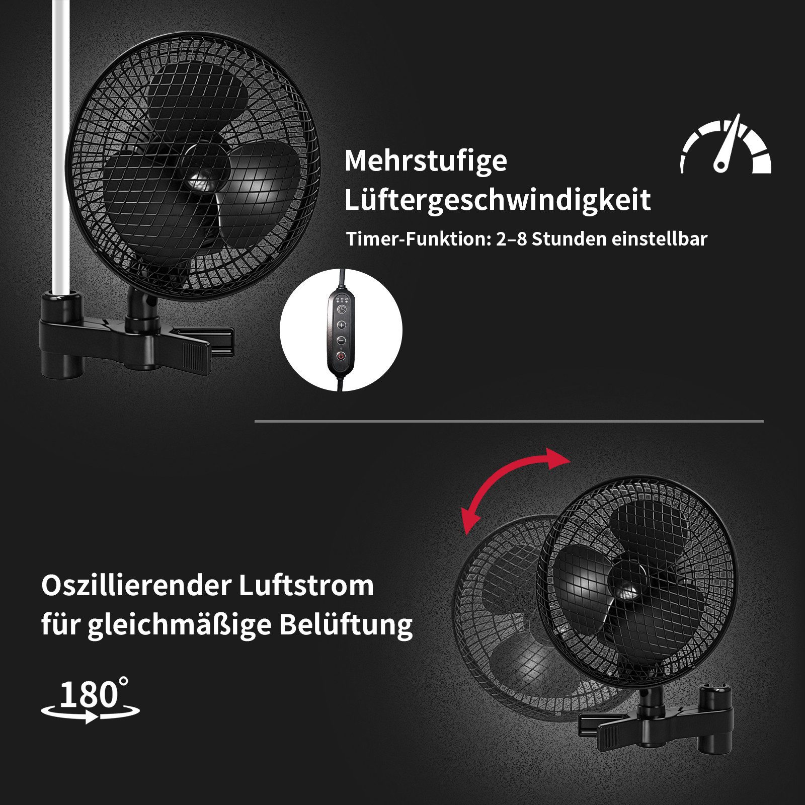 CannoBox Ventilatorkombigerät Wandventilator Clip Ventilator oszillierend für Growzelt Growbox, 20W, AC-Motor, 23cm Durchmesser