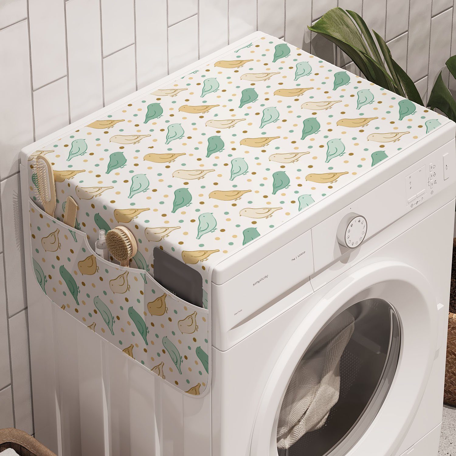 Abakuhaus Badorganizer Anti-Rutsch-Stoffabdeckung für Waschmaschine und Trockner, Gedämpfte Farben Kleine Vögel und Punkte