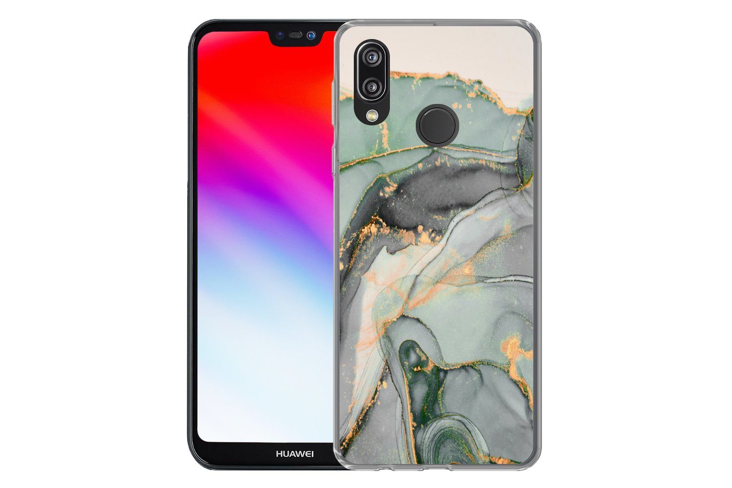 MuchoWow Handyhülle für Huawei P20 Lite (2020) Gold - Marmor - Grün - Luxus - Glitzer - Ma, Handy Case, Silikon, Bumper Case Dünn