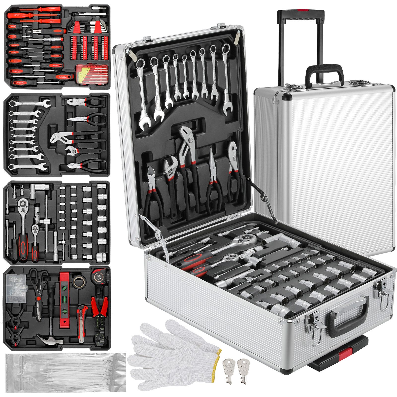TLGREEN Werkzeugtrolley 799-tlg Werkzeugkoffer,Universeller Tragbarer Werkzeugkasten (Höhenverstellbarer Griff, Heim Handwerkzeug-Set), 799 Teile