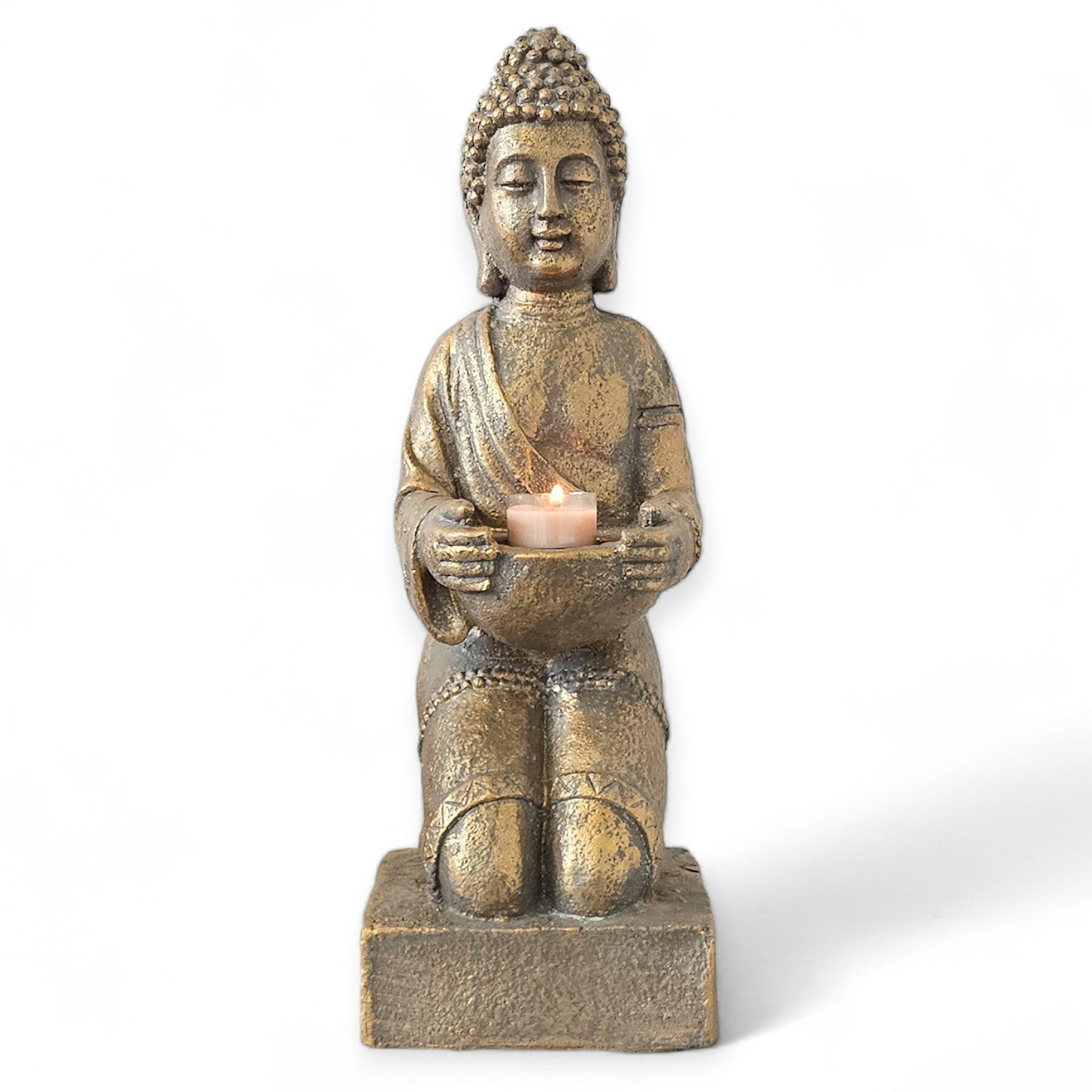 INtrenDU Buddhafigur Buddha Statue mit Teelichthalter bronze 42cm, mit Teelichthalter