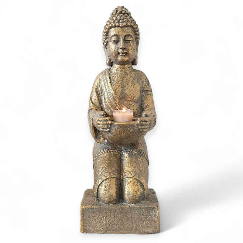 INtrenDU Buddhafigur Buddha Statue mit Teelichthalter bronze 42cm, mit Teelichthalter