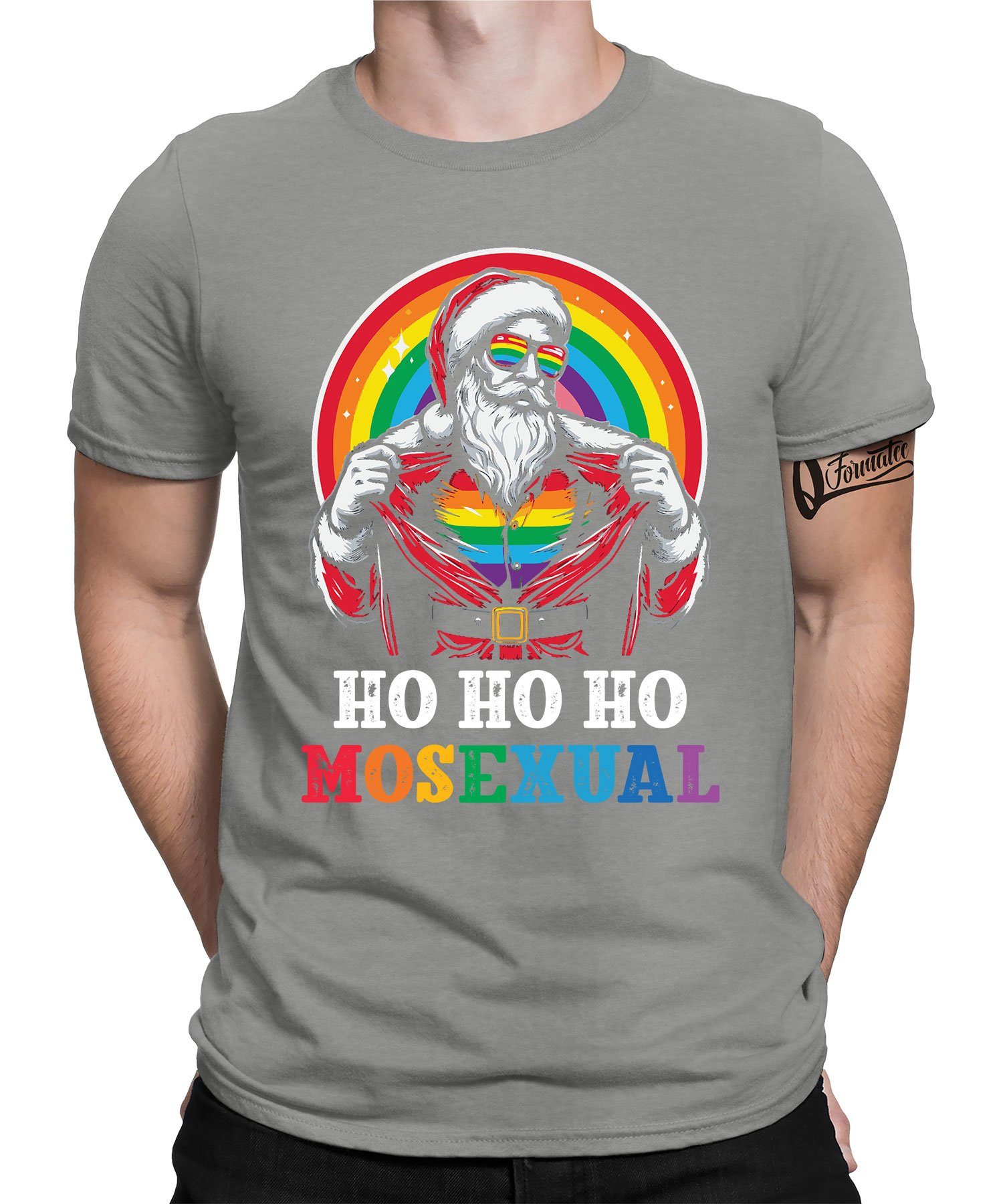 Quattro Formatee Kurzarmshirt LGBT Gay Regenbogen Weihnachtsmann Christmas - Weihnachten X-mas Weihn (1-tlg) Heather Grau