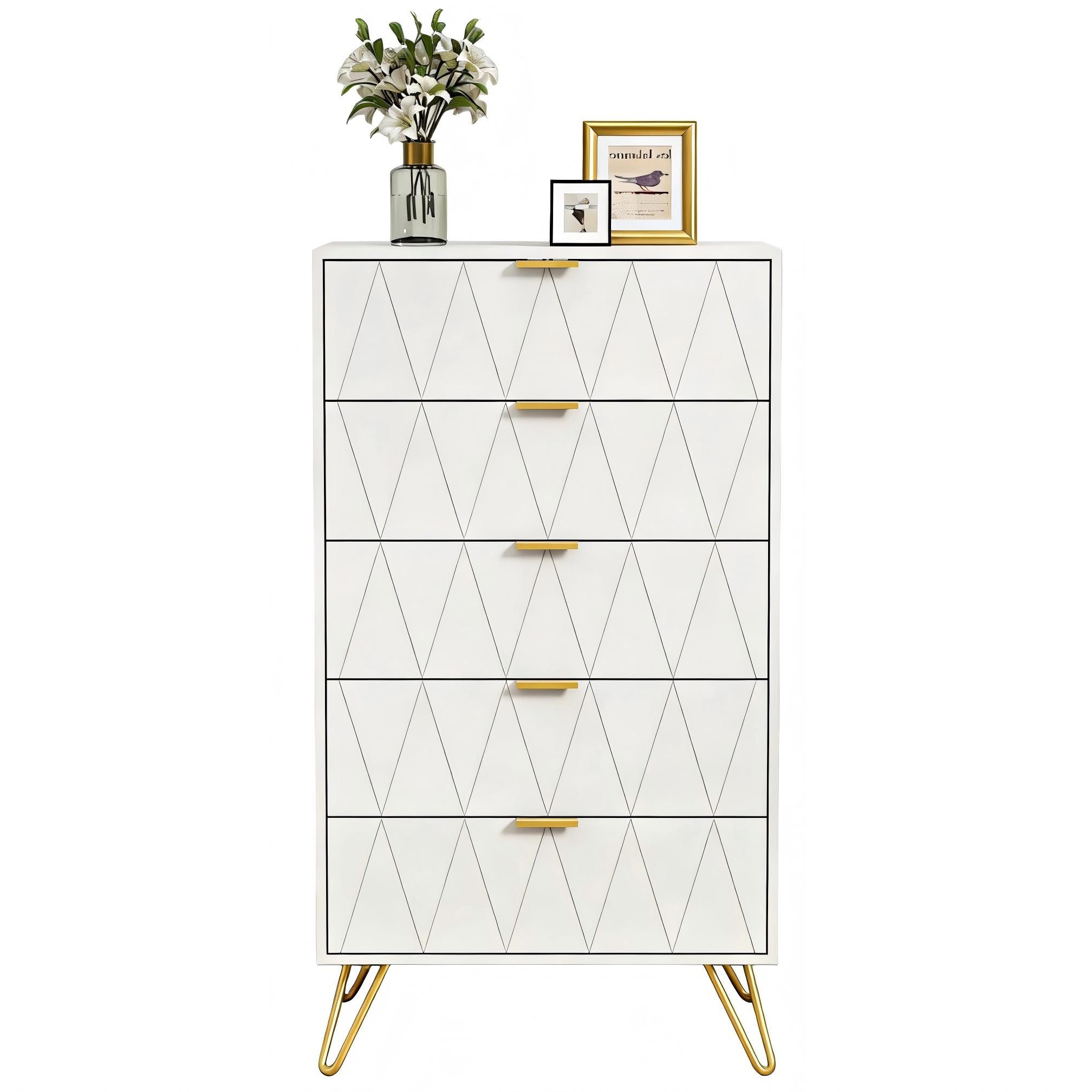 UEV Kommode mit 5 Schubladen, Highboard, Schmal Beistellschrank (Mehrzweckschrank für Wohnzimmer Schlafzimmer Büro Flur, Sideboard mit Schubladen weiß/schwarz/dunkel blau), 60x34x110cm, Schubladenschrank, Aufbewahrungsschrank, mit Kisppschutz