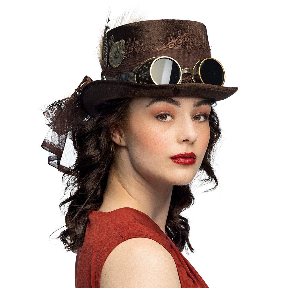 Boland Kostüm Steampunk Hut Specspunk Deluxe braun mit Brille Feder Kostüm-Zylinder, Размер 59 cm, retro-futuristisches Design