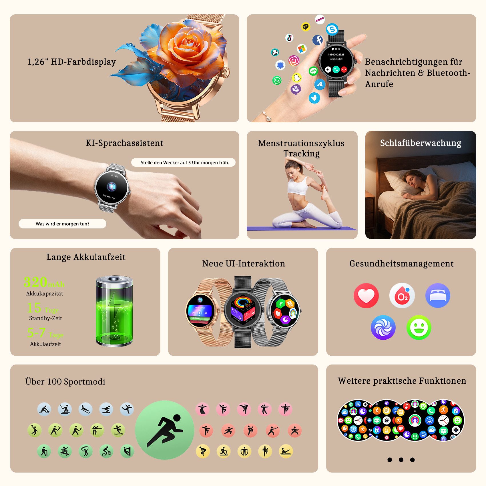 blackview Smartwatch X30 1,26″ für Damen mit Telefonfunktion undFitness-Tracking Smartwatch (4 cm/1.26 Zoll, iOS/Android) Set, mit Wechselband aus weichemSilikon und Ladekabel, 5 Tage Akkulaufzeit/2 Armbänder/HF&SpO₂& Blutdruck/100+ Sportmodi,IP68
