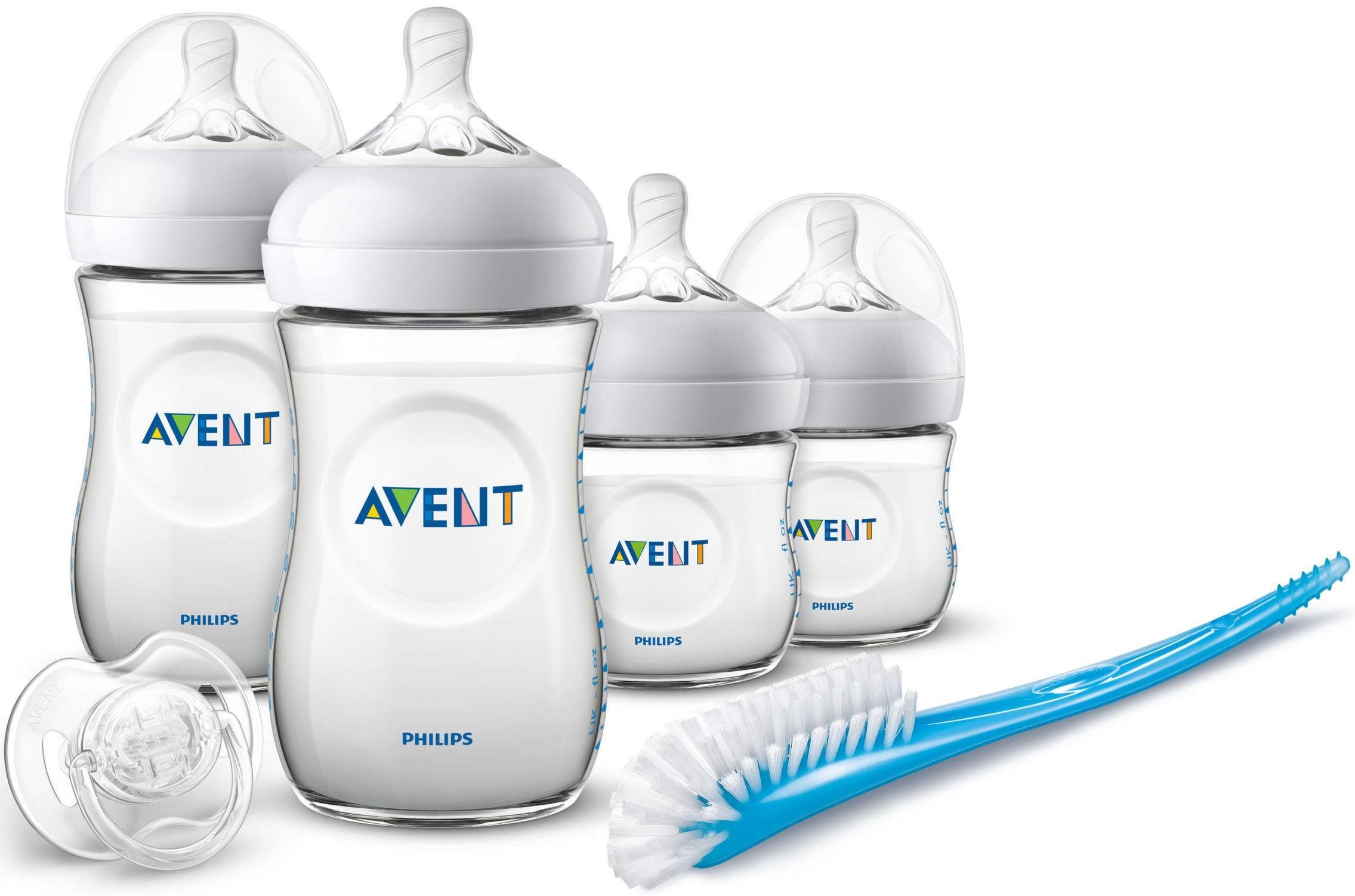 Philips AVENT Babyflasche Starterset für Neugeborene SCD301/01, 4 Flaschen,  Schnuller und Bürste, Spezielles Design zur Kombination von Stillen und  Flaschenernährung