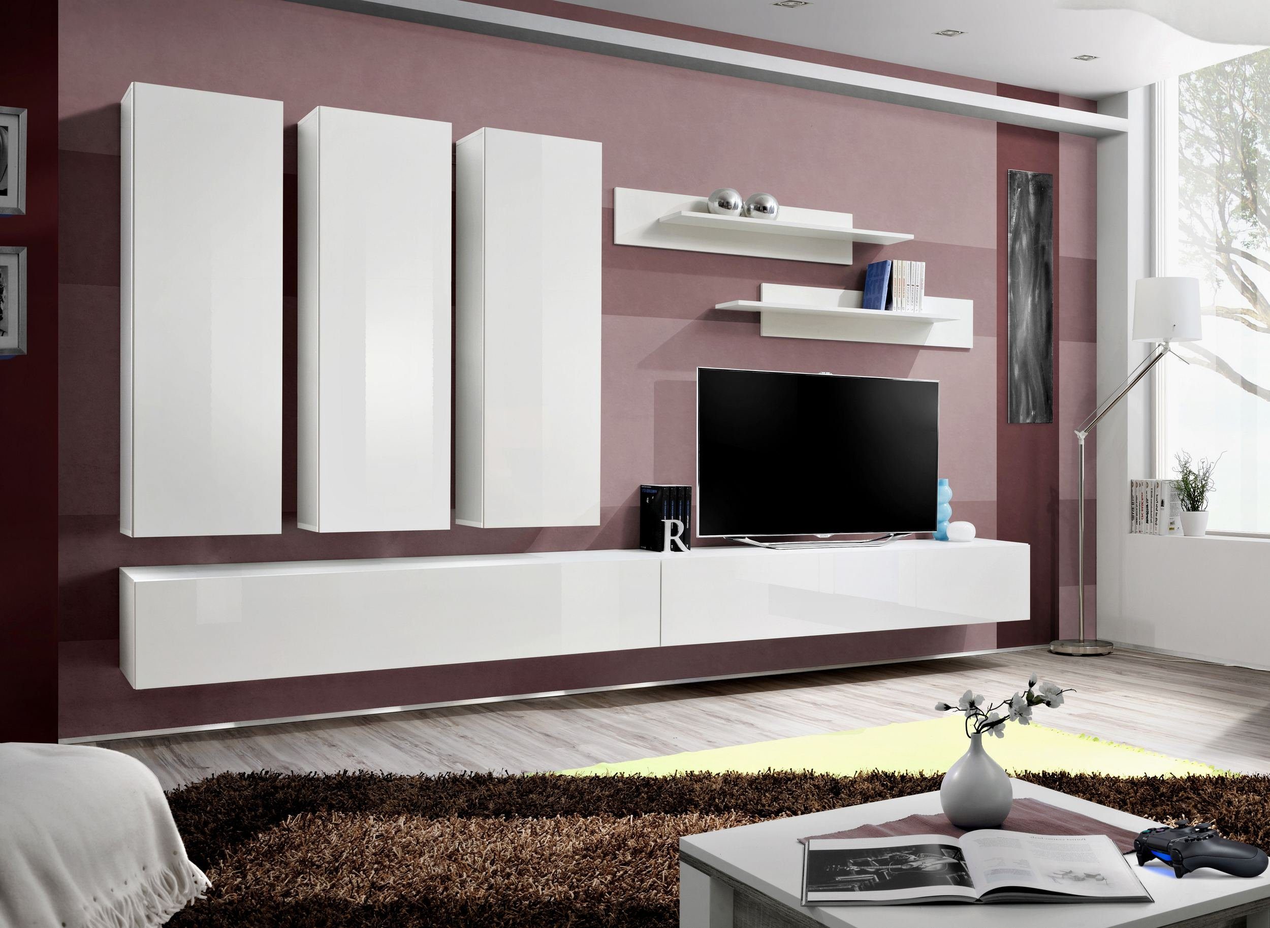 Stylefy Wohnwand FLI E I 170x320x40 cm, (Wohnmöbel, Wohnzimmer-Set, Set (7-St), bestehend aus 3xHängeschrank, 2xLowboard, 2xWandboard, mit Push-to-Open, variabel hängbar, Hochglanzfronten, Modern Weiß Matt / Weiß Hochglanz