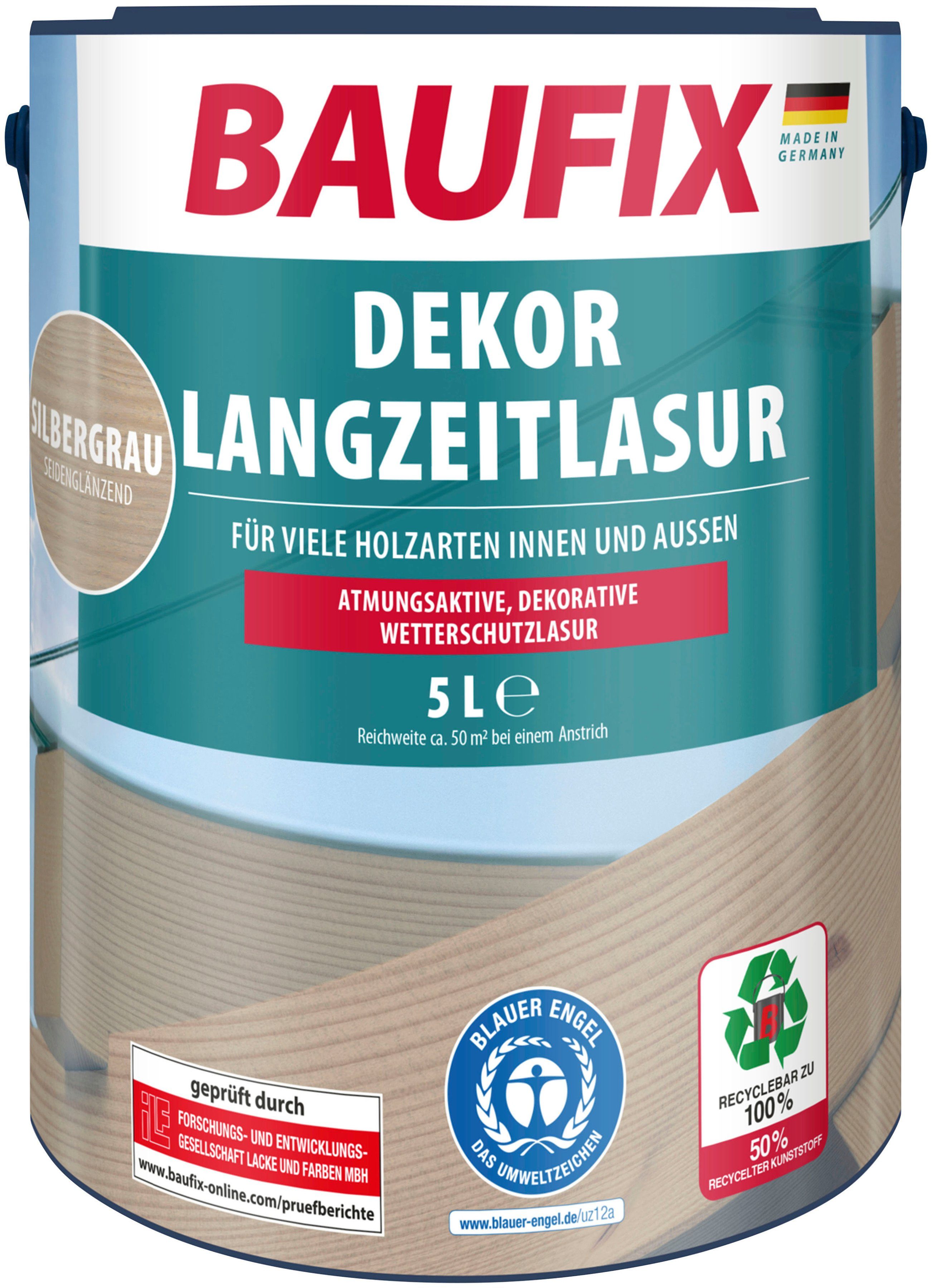 silbergrau Dekor Langzeitlasur, witterungsbeständig, beständig, seidenglänzend Baufix Holzschutzlasur atmungsaktiv, 5L, UV