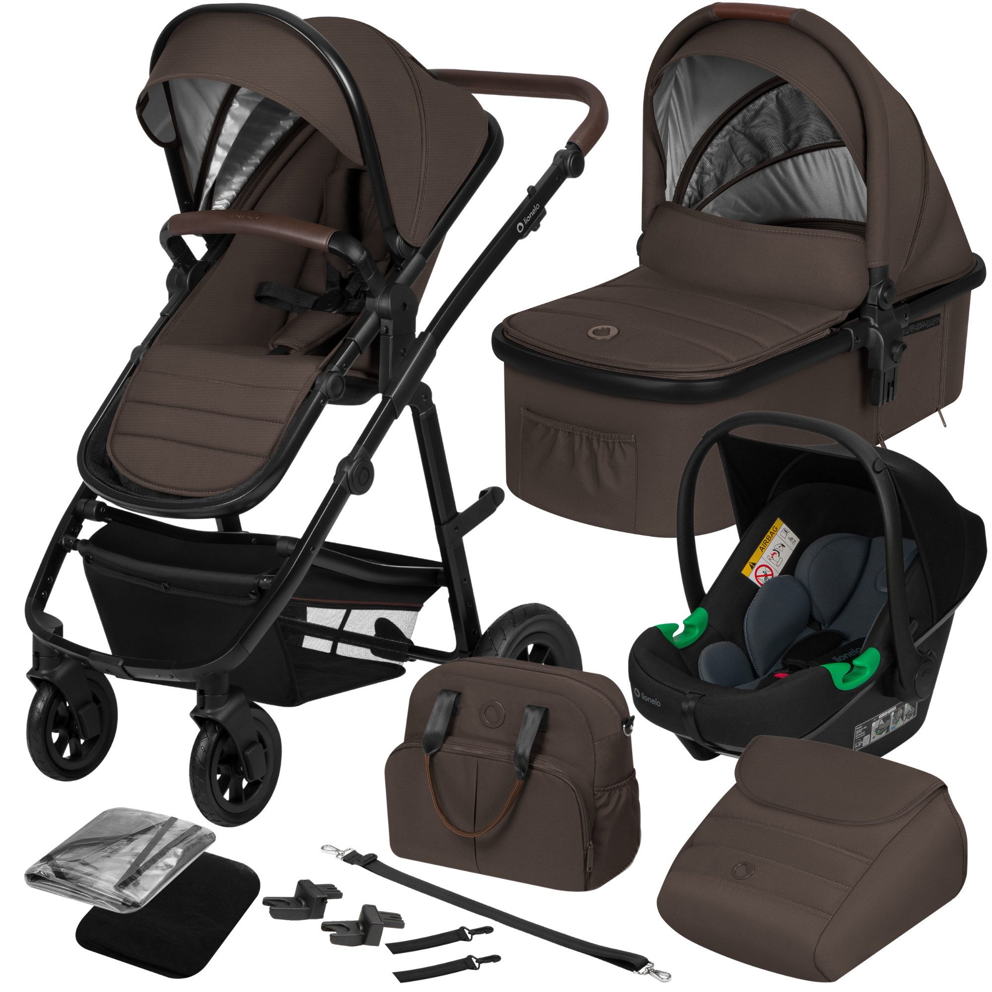 lionelo Kombi-Kinderwagen Amber 3in1, (Set), 3in1/babyschale 0-13kg/Tasche/Moskitonetz/Regenschutz/Boho