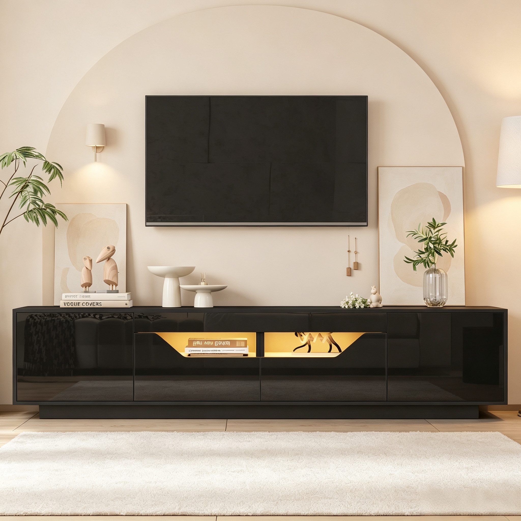 Merax Lowboard hochglanz Fernsehschrank mit LED-Beleuchtung (Für Fernseher bis 75 Zoll, 1 St., Push-to-Open-Funktion), TV-Schrank mit 2 Schubladen,2 Schränken & offenen Regalen,180x40x45cm