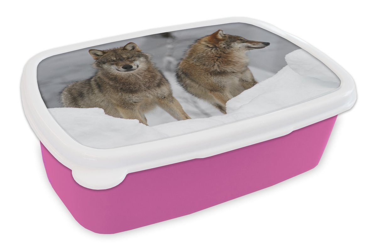 MuchoWow Lunchbox Wolf - Schnee - Tiere, Kunststoff, (2-tlg), Brotbox für Erwachsene, Brotdose Kinder, Snackbox, Mädchen, Kunststoff rosa