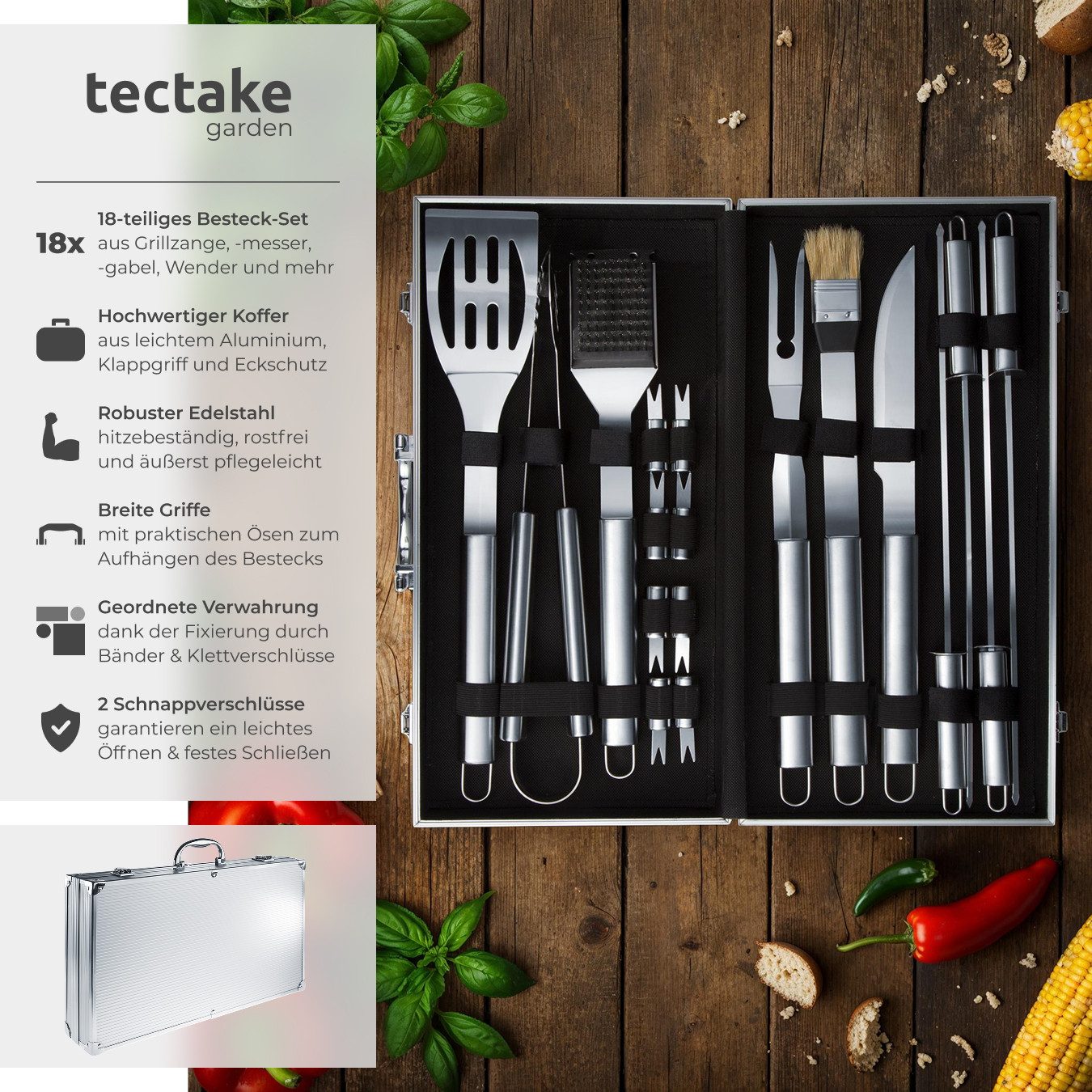 tectake Grillbesteck-Set Grillbesteck mit Aluminiumkoffer, aus Edelstahl