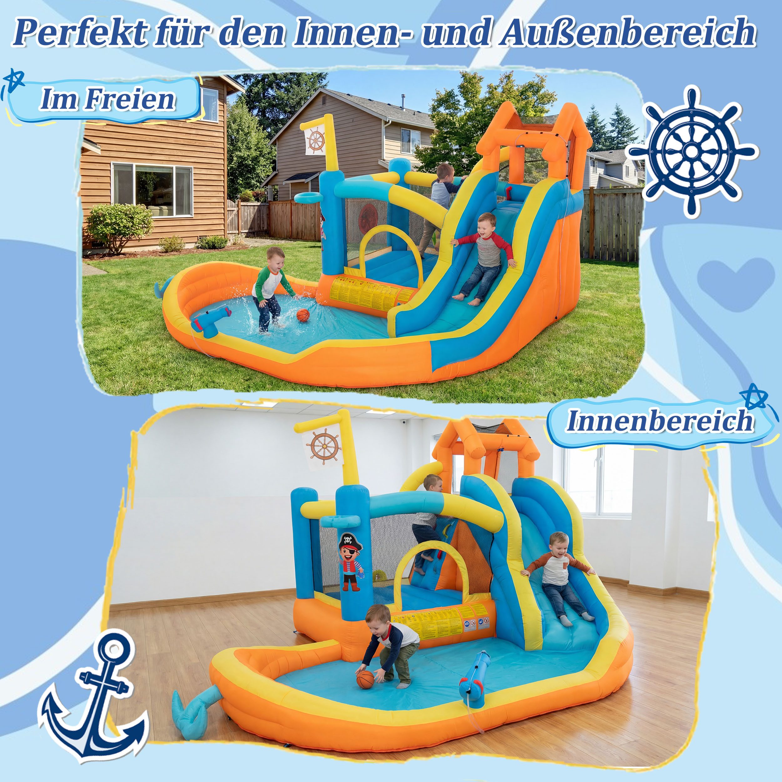 UEV Hüpfburg mit Gebläse Groß Aufblasbare Wasserpark Springburg 414x364x244cm, (XXL für Kinder von 3-10 Jahre, mit Kletterwand Sicherheitsnetz Kindergeburtstag), für Indoor und Outdoor Wasserrutsche Springen