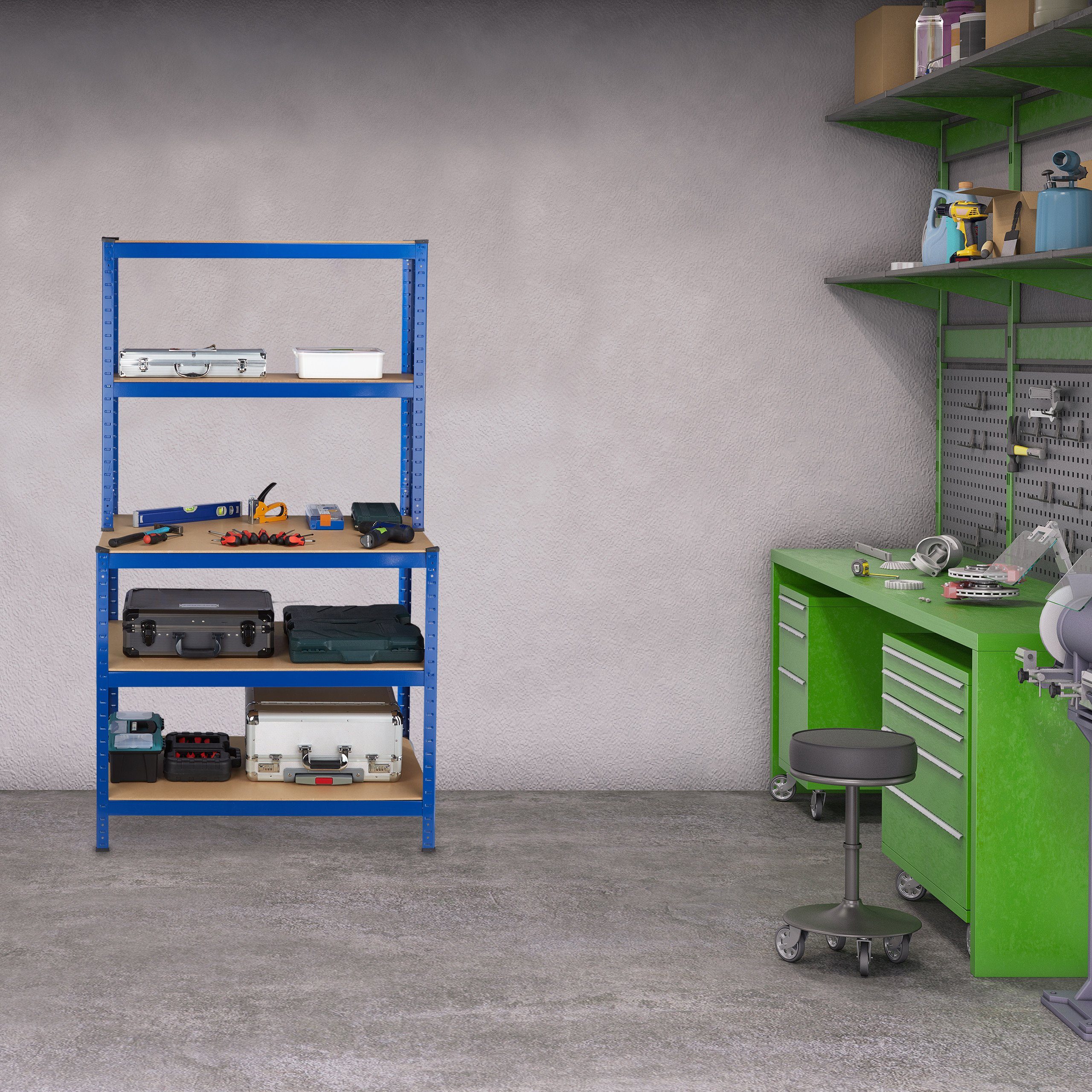 relaxdays Schwerlastregal 2 x Schwerlastregal mit Werkbank blau