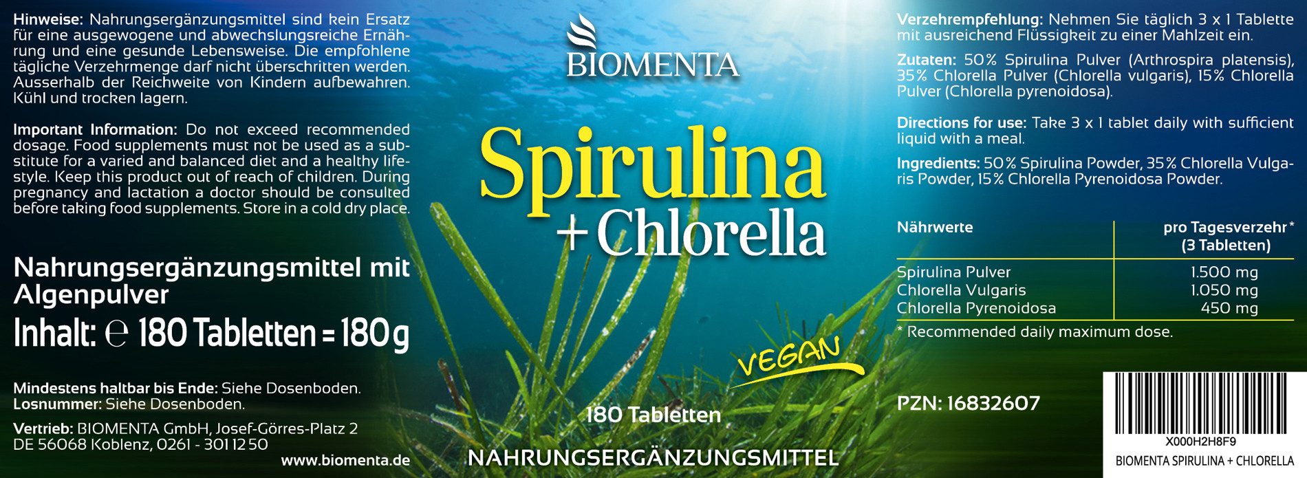 BIOMENTA Spirulina + Chlorella - 180 Tabletten je 1.000 mg Algenpulver / St. Tabletten, 180 St., 180 g