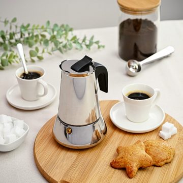 Cosumy Espressokocher Espressokocher 4 Tassen Induktion geeignet, Edelstahl - Mit Dosierlöffel und Bürste