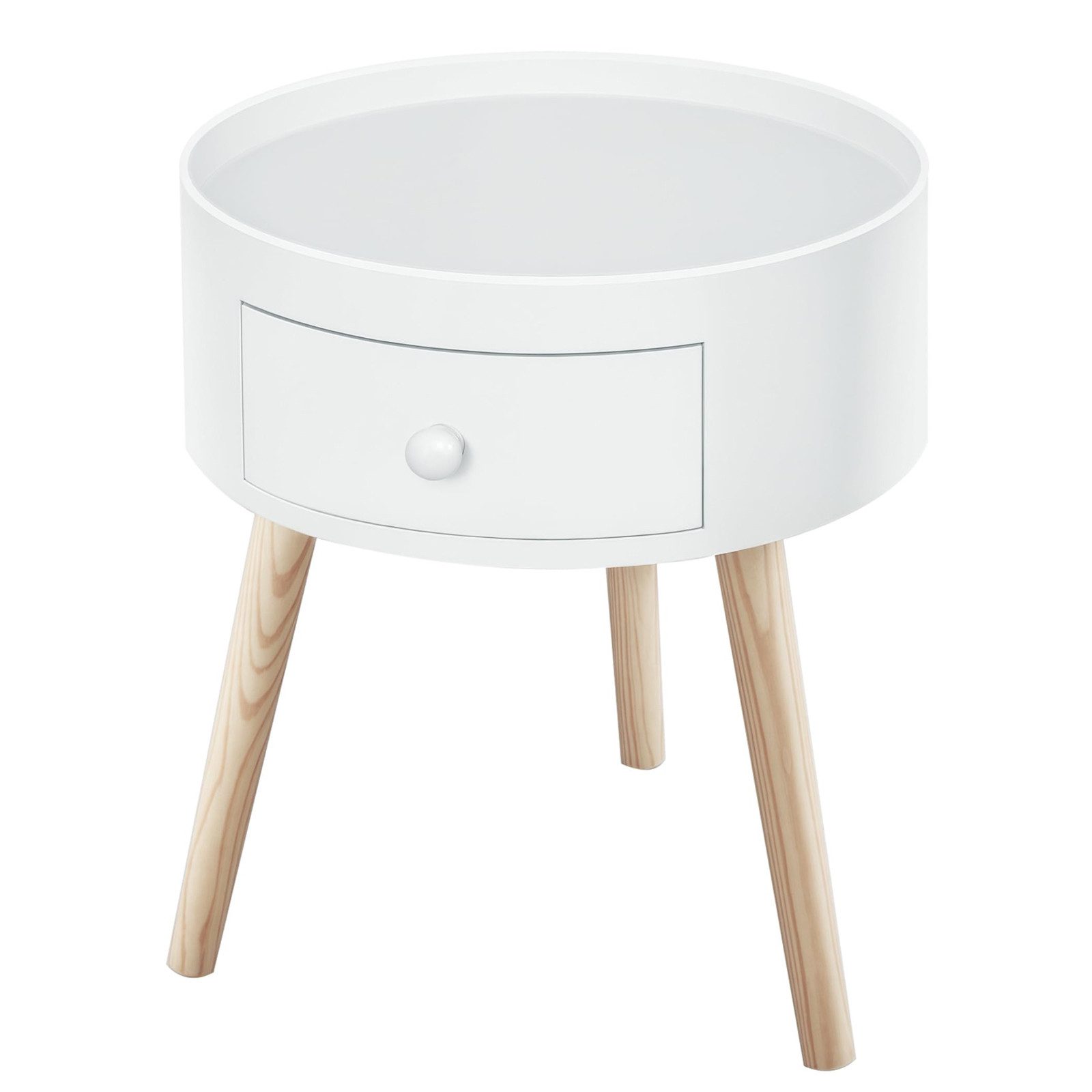 BlingBin Beistelltisch Wohnzimmer-Couchtisch mit Schubladen, runder Couchtisch mit Holzbeinen (1er Set, 1-St., 38 x 45H cm), Beistelltisch, Nachttisch, Sofatisch mit Schubladen und Beinen weiß