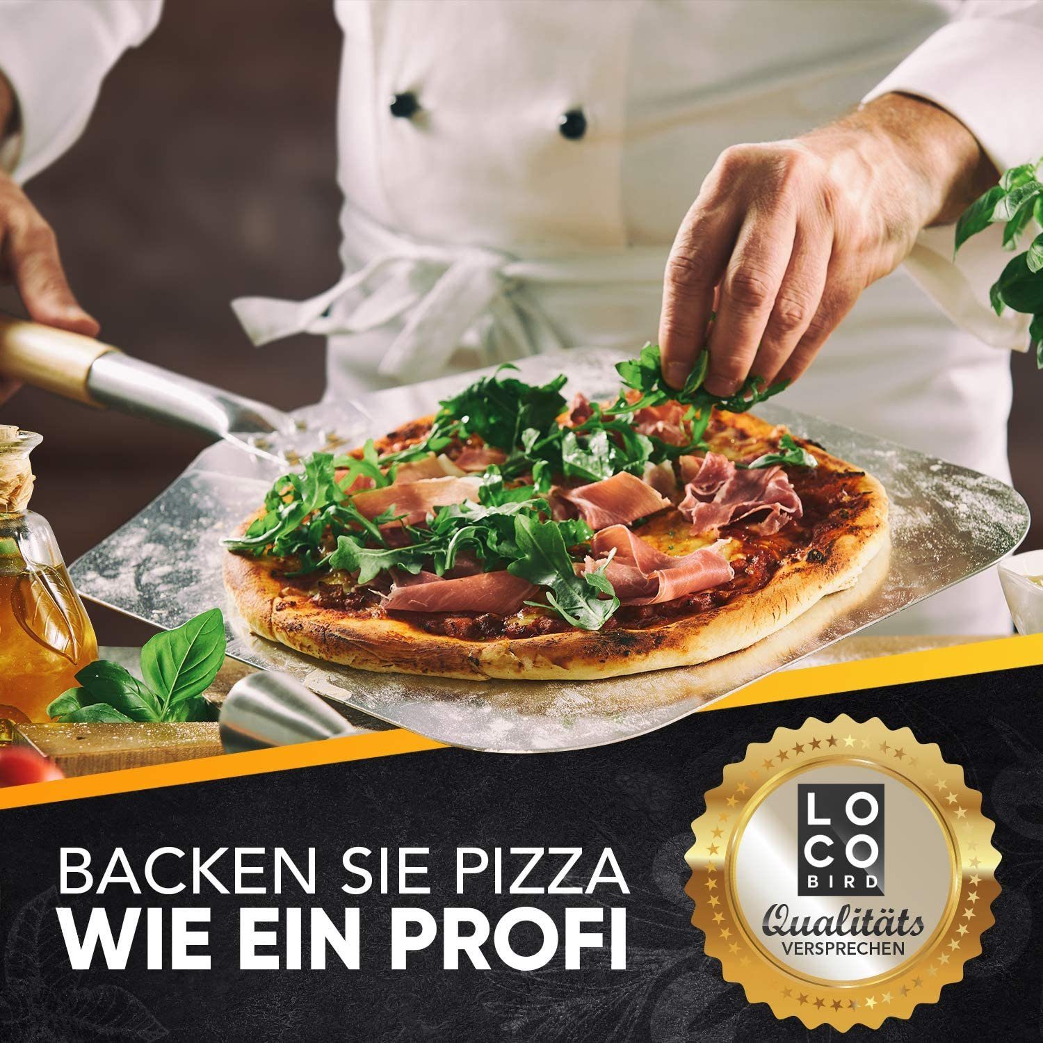Loco Bird Pizzastein für Backofen & Gasgrill, rechteckig aus Cordierit, Cordierit, (Set, 3-St., inkl. Pizzaschieber und Rezeptbuch), für eine Pizza wie in Italien: authentischer Geschmack für Zuhause