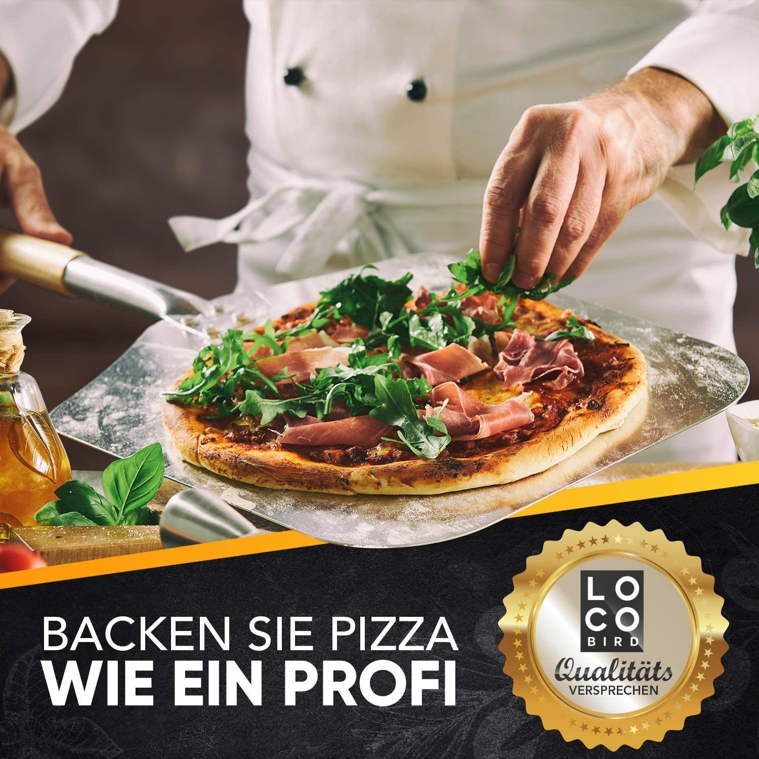 Loco Bird eine Geschmack rechteckig authentischer und Pizza Pizzastein wie inkl. Pizzaschieber Gasgrill, aus für für (Set, 3-St., Backofen für Rezeptbuch), Italien: Cordierit, & Cordierit, in Zuhause