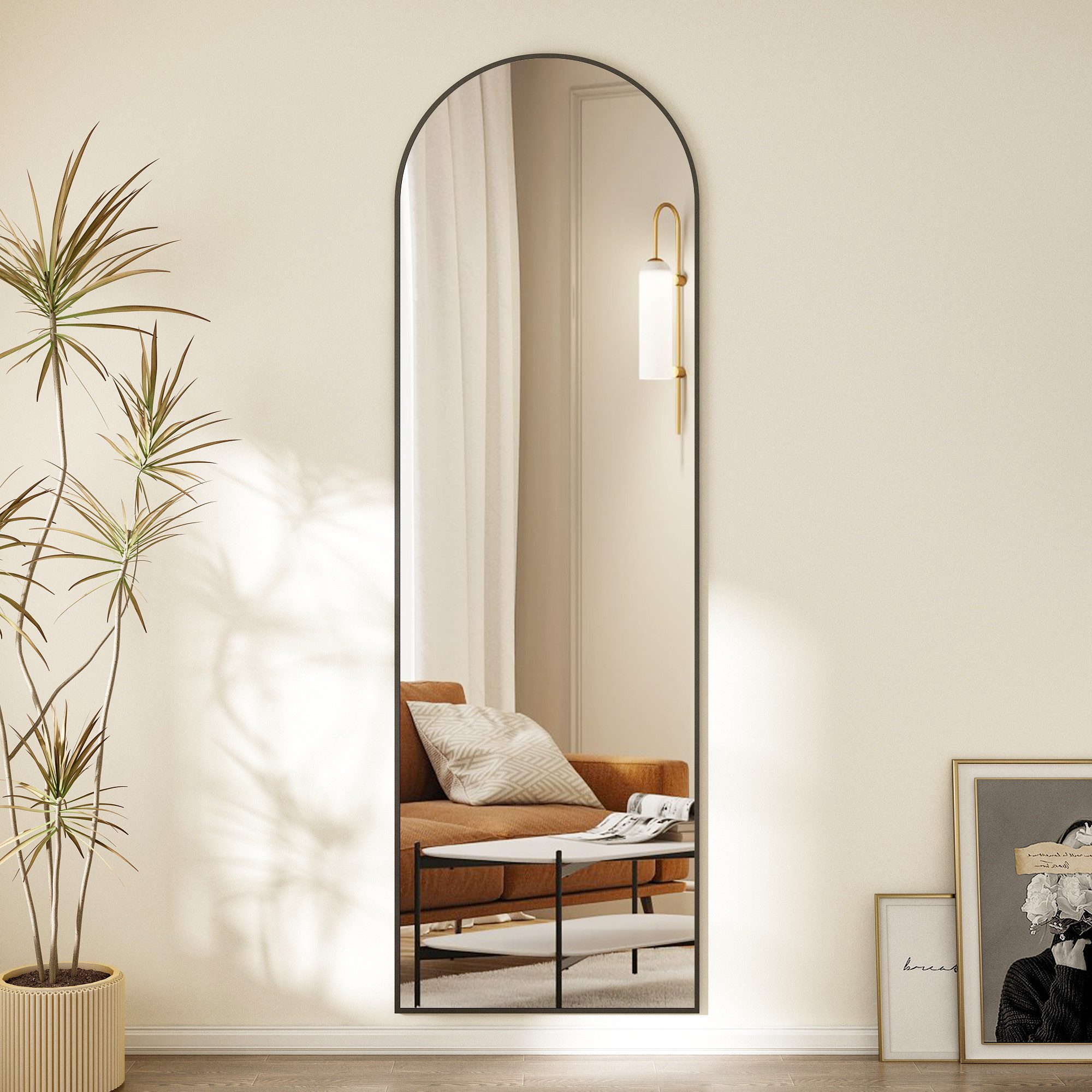 Hopibath Ganzkörperspiegel für Schlafzimmer Spiegel groß für Flur Wohnzimmer Garderobe Hotel (Bodenspiegel Rundbogen, mit Alurahmen, 5mm Glas), 150x50, 140x40cm