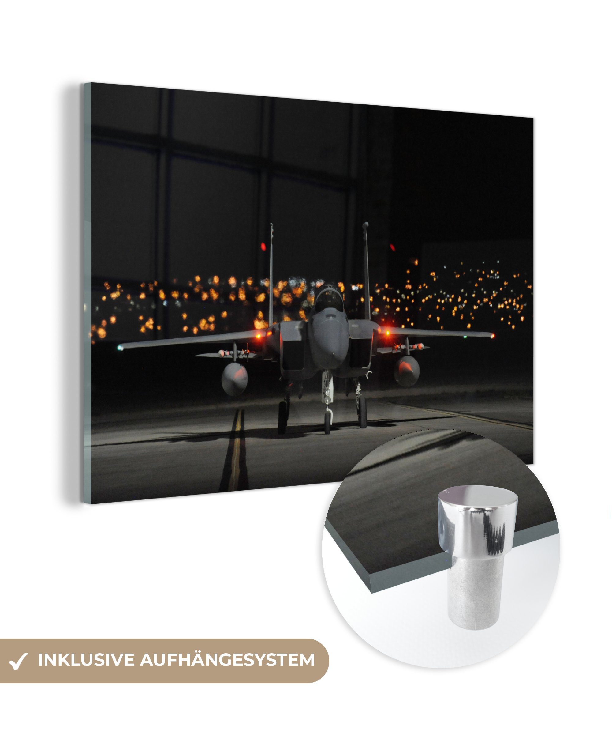 Acrylglasbild Wohnzimmer (1 MuchoWow Orange & Acrylglasbilder - Flugzeuge - Schlafzimmer Nacht St), Schwarz, -