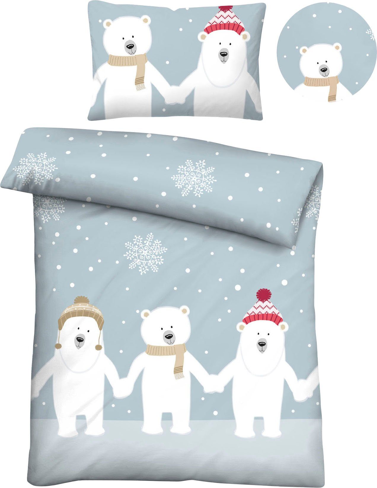 Kinderbettwäsche Eddy, Biberna, Feinbiber, 2 teilig, mit winterlichen Eisbären
