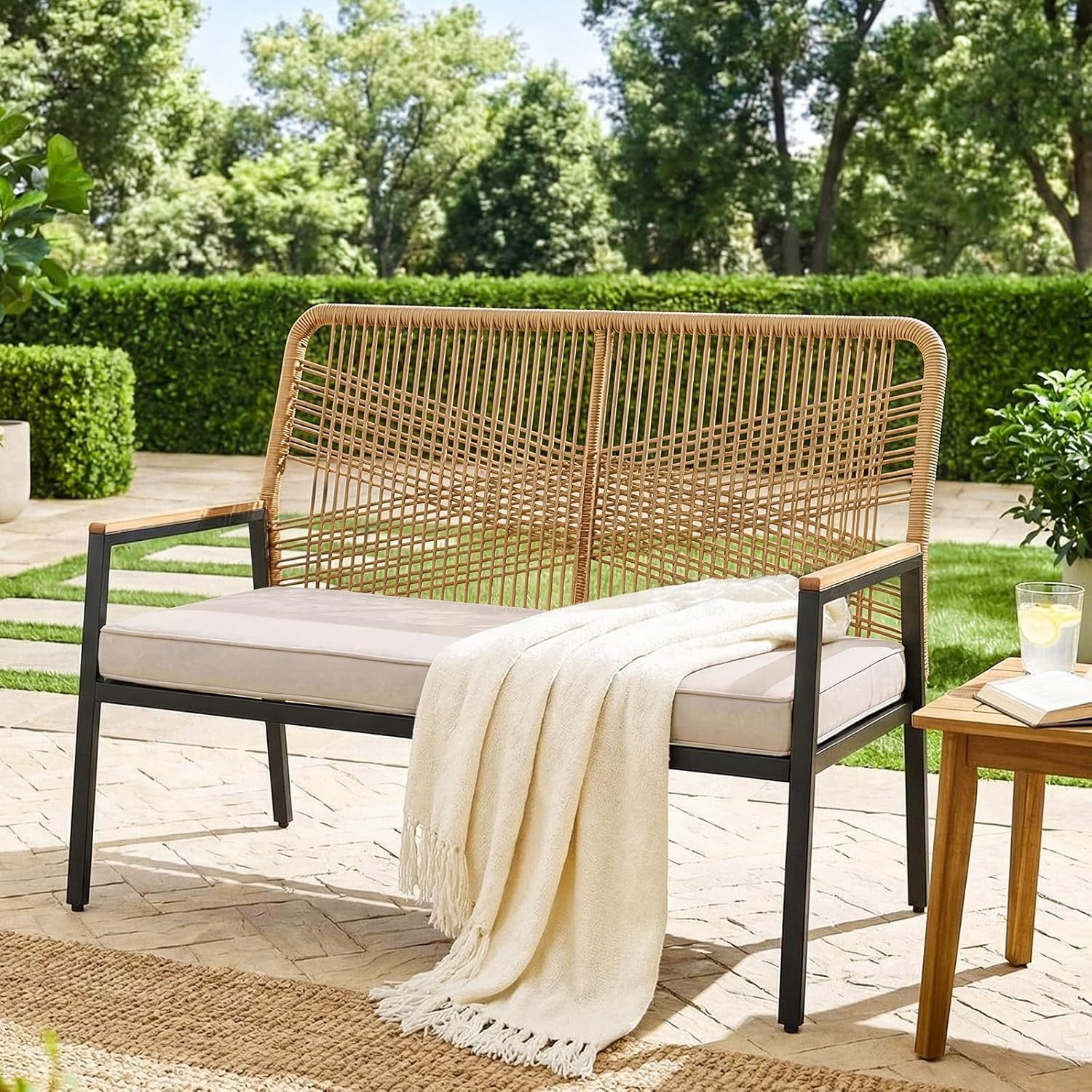 TLGREEN Gartenbank Rattan,2-Sitzer Gartenstuhl Polyrattan,Sitzbank Outdoor, (Gartenmöbel mit 8 cm dicken Sitzkissen, WPC Armrest), für Terrasse, Garten, Veranda