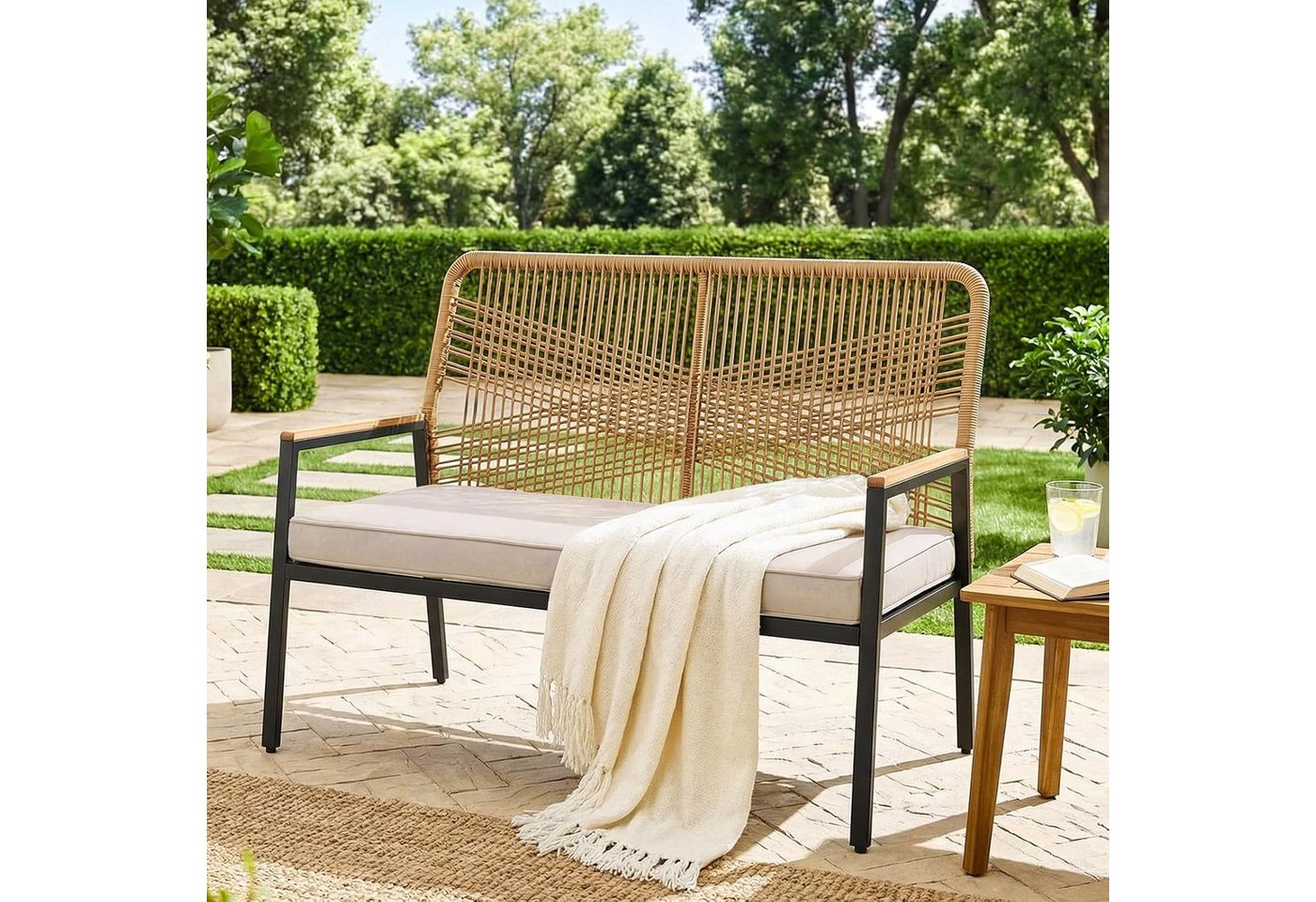 TLGREEN Gartenbank Rattan,2-Sitzer Gartenstuhl Polyrattan,Sitzbank Outdoor, (Gartenmöbel mit 8 cm dicken Sitzkissen, WPC Armrest), für Terrasse, Garten, Veranda