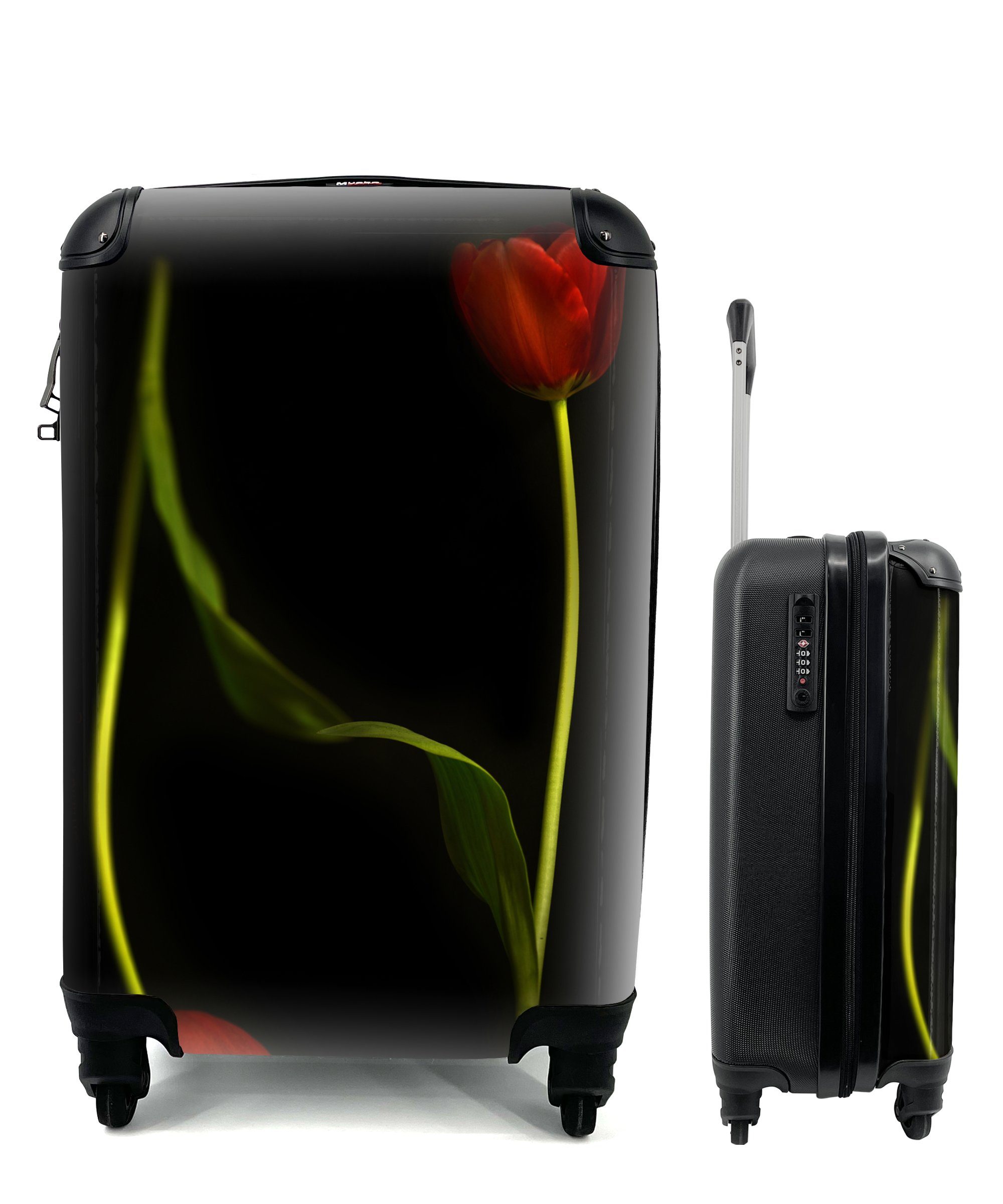 MuchoWow Handgepäckkoffer Zwei rote Tulpen auf schwarzem Hintergrund, 4 Rollen, Reisetasche mit rollen, Handgepäck für Ferien, Trolley, Reisekoffer