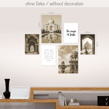 Kreative Feder Poster, Indien, Taj Mahal, Architektur, historisch, sepia (Set, 6 St), 6-teiliges Poster-Set, Kunstdruck, Wandbild, Posterwand, Bilderwand, optional mit Rahmen, WP545