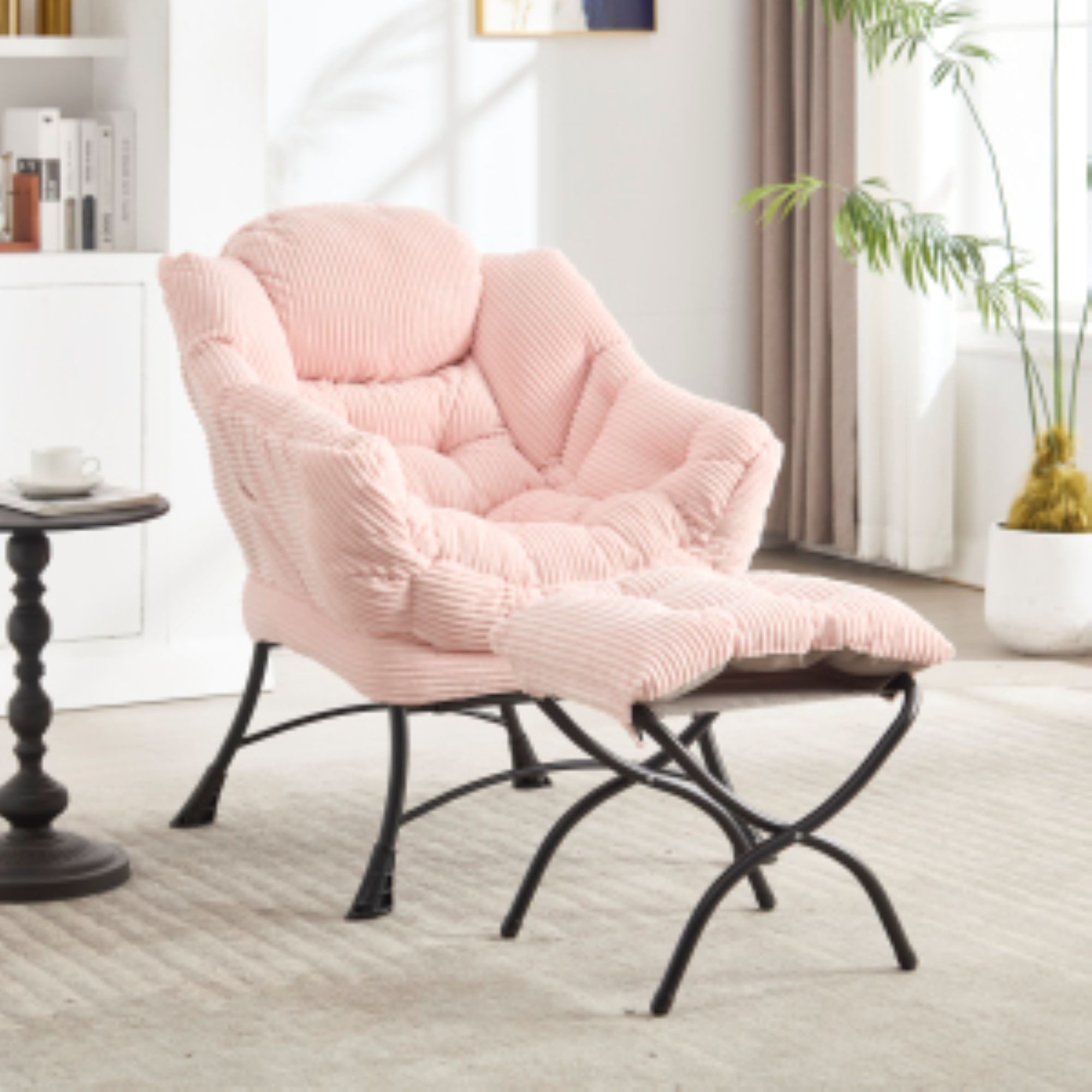 STILVORA Loungesofa mit Ottoman Fauler Stuhl mit einer Seitentasche für kleinen Raum Rosa, Relaxsessel mit Fußhockel, Rückenlehnenstütze passt ergonomisch
