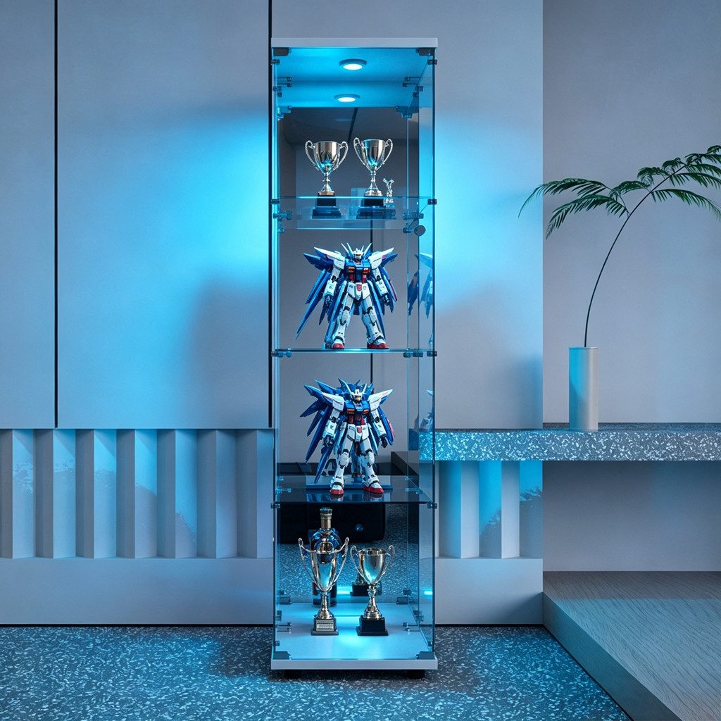 Simurq Glasvitrine Standvitrine mit LED, Glas Vitrinenschrank für Sammlung (1-St, 4 Lagen Glasschrank mit 1 Glastür, Glas Vitrine mit Schloss) Glasvitrine Stehend, perfekt für Sammler, Sammelvitrine