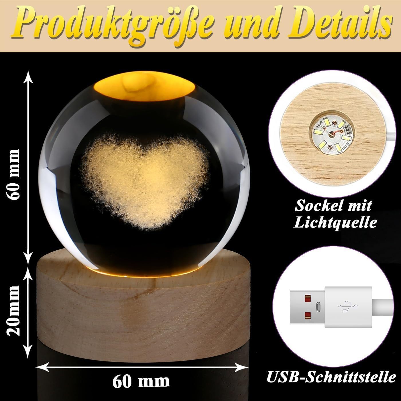 FELIXLEO LED Dekolicht Herz Kristallkugel mit LED Sockel USB Liebe Geschenk Dekoration