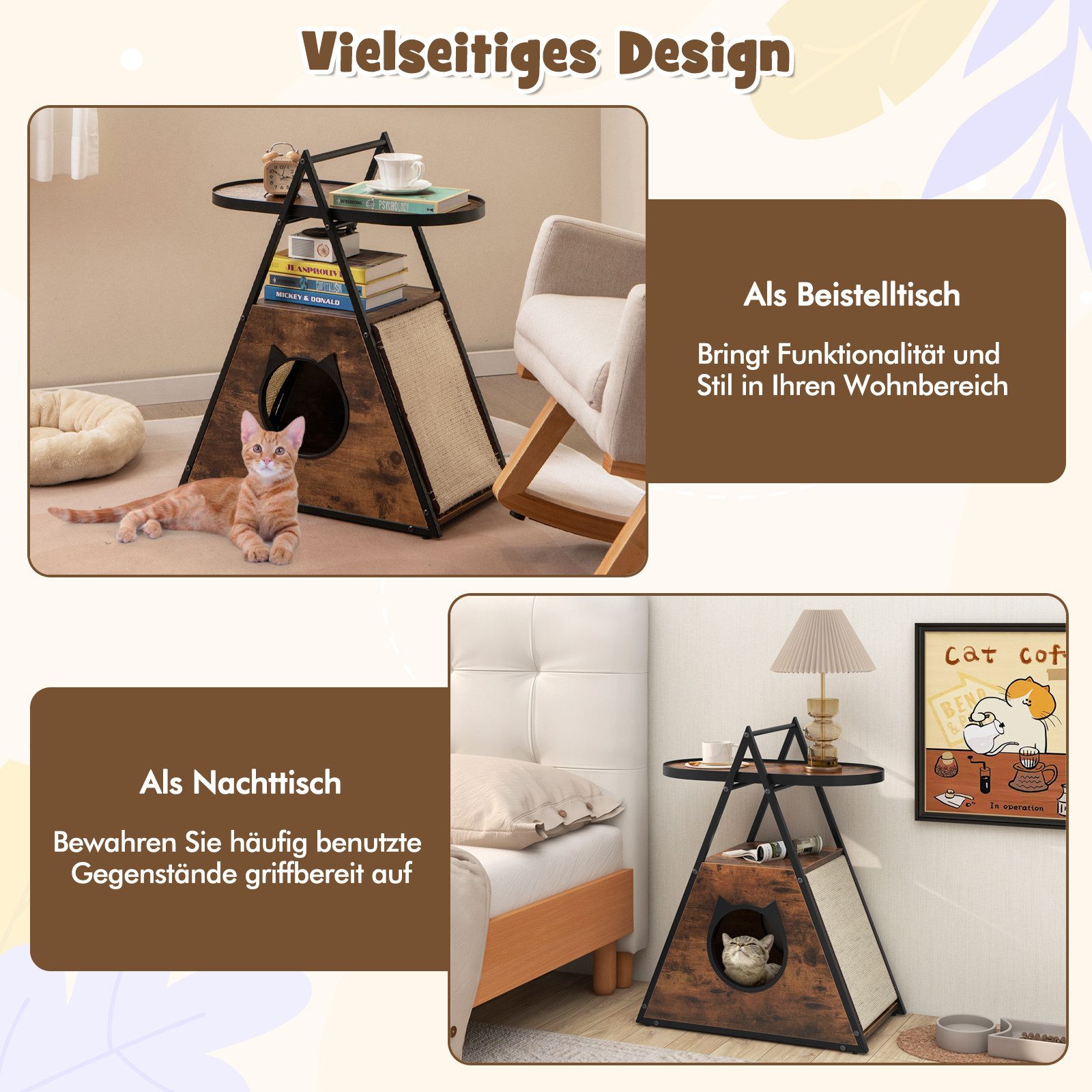 COSTWAY Tierhaus, 2in1 Beistelltisch, mit Katzenhöhle & 2 Kratzmatten