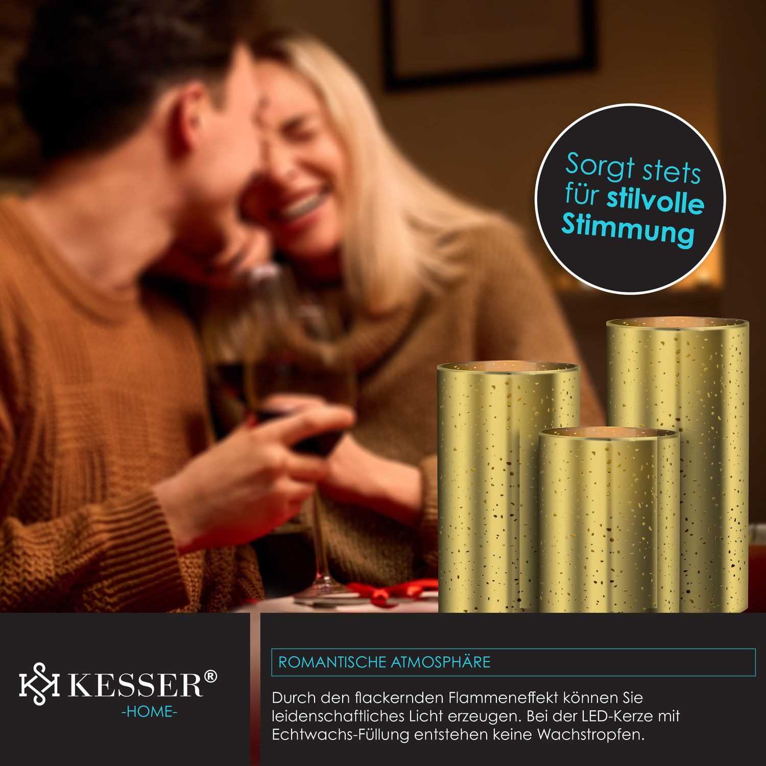KESSER LED-Kerze, 3er Set flammenlose & flackernde Echtwachs Kerze mit Timerfunktion