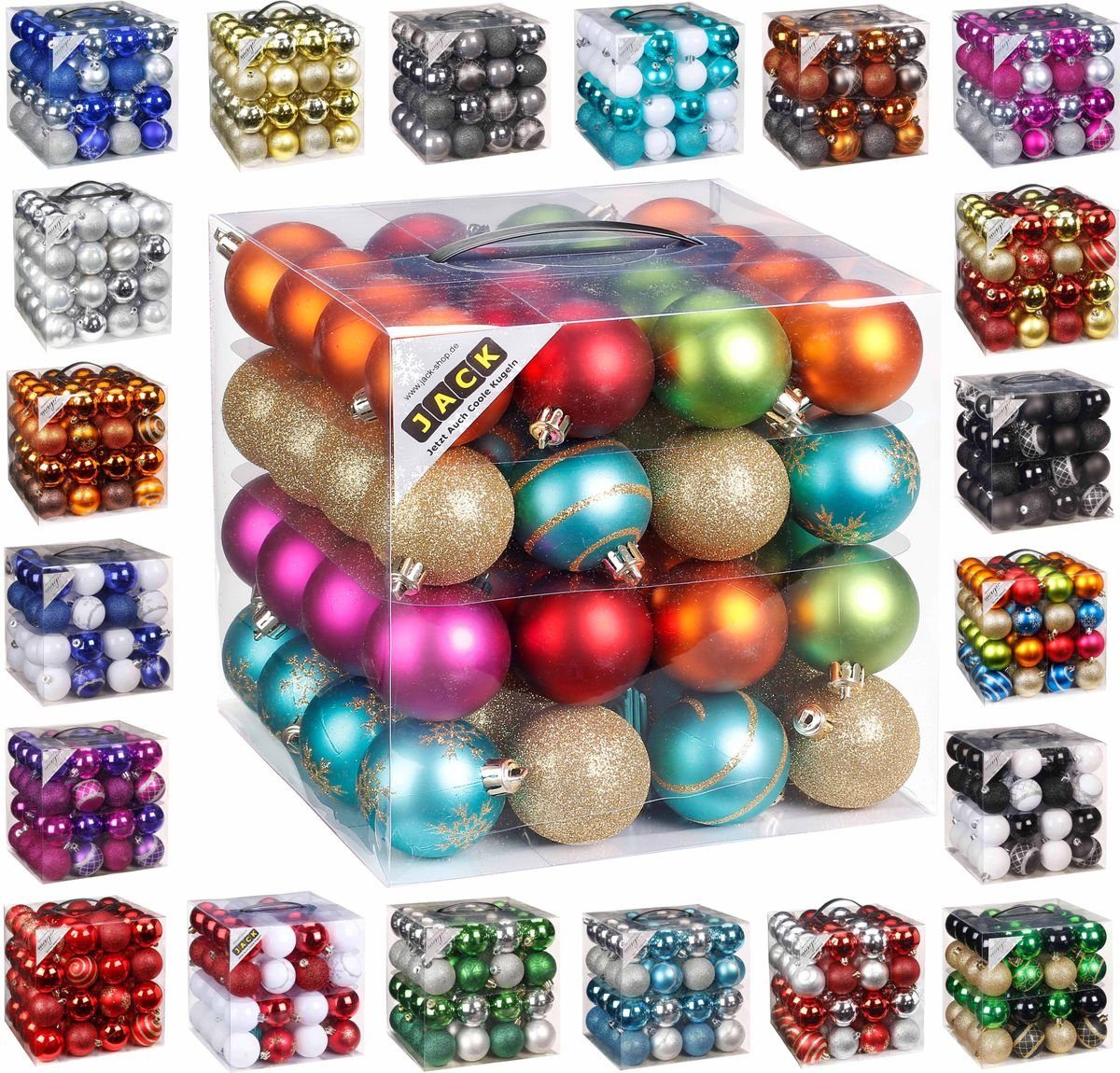 JACK Christbaumschmuck 64x Kunststoff Christbaumkugeln Ø 6cm Baum Kugeln inkl. Aufhänger, Mit praktischer Aufbewahrungsbox, Optik: matt / glänzend / glitzernd