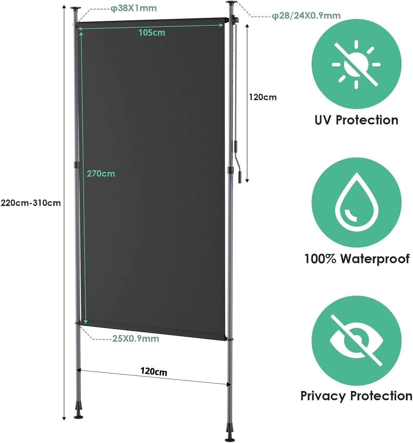 TLGREEN Senkrechtmarkise Balkon ohne Bohren 120/150/200x270cm (Vertikalmarkise Außen mit Sichtschutz Sonnenschutz Windschutz) Klemmmarkise für Garten Terrasse Wetterfest