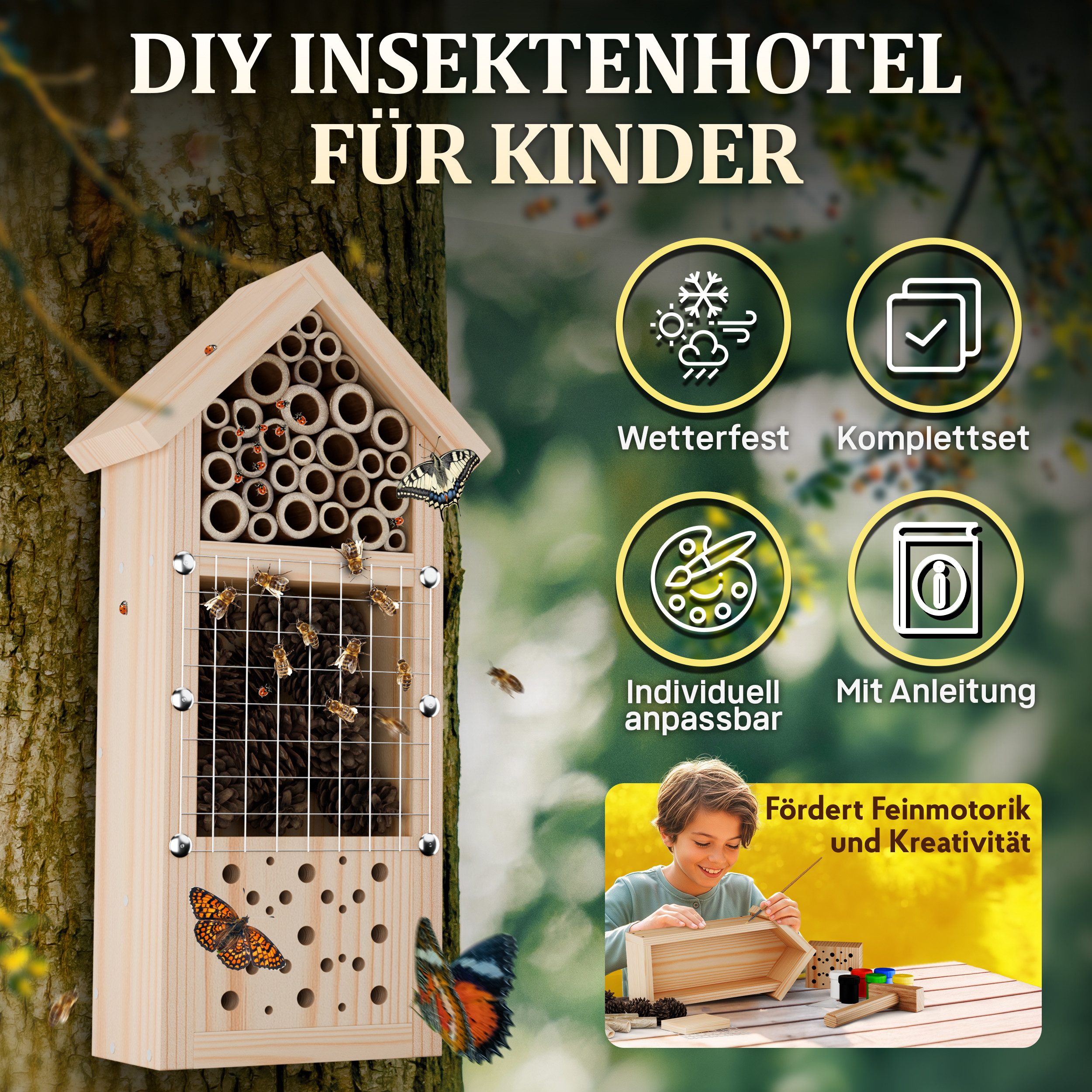 Eli Insektenhotel Bausatz für Kinder aus Kiefernholz zum Bemalen DIY Bienenhaus, (inkl 6 Farben - Pinsel - Holzhammer - Nägel - Schablonen & Vorlagen, Wildbienenhotel für Garten & Balkon), Komplett Set