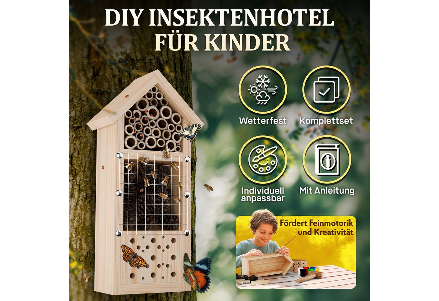Thumbnail - Eli Insektenhotel Bausatz für Kinder aus Kiefernholz zum Bemalen DIY Bienenhaus, (inkl 6 Farben - Pinsel - Holzhammer - ...