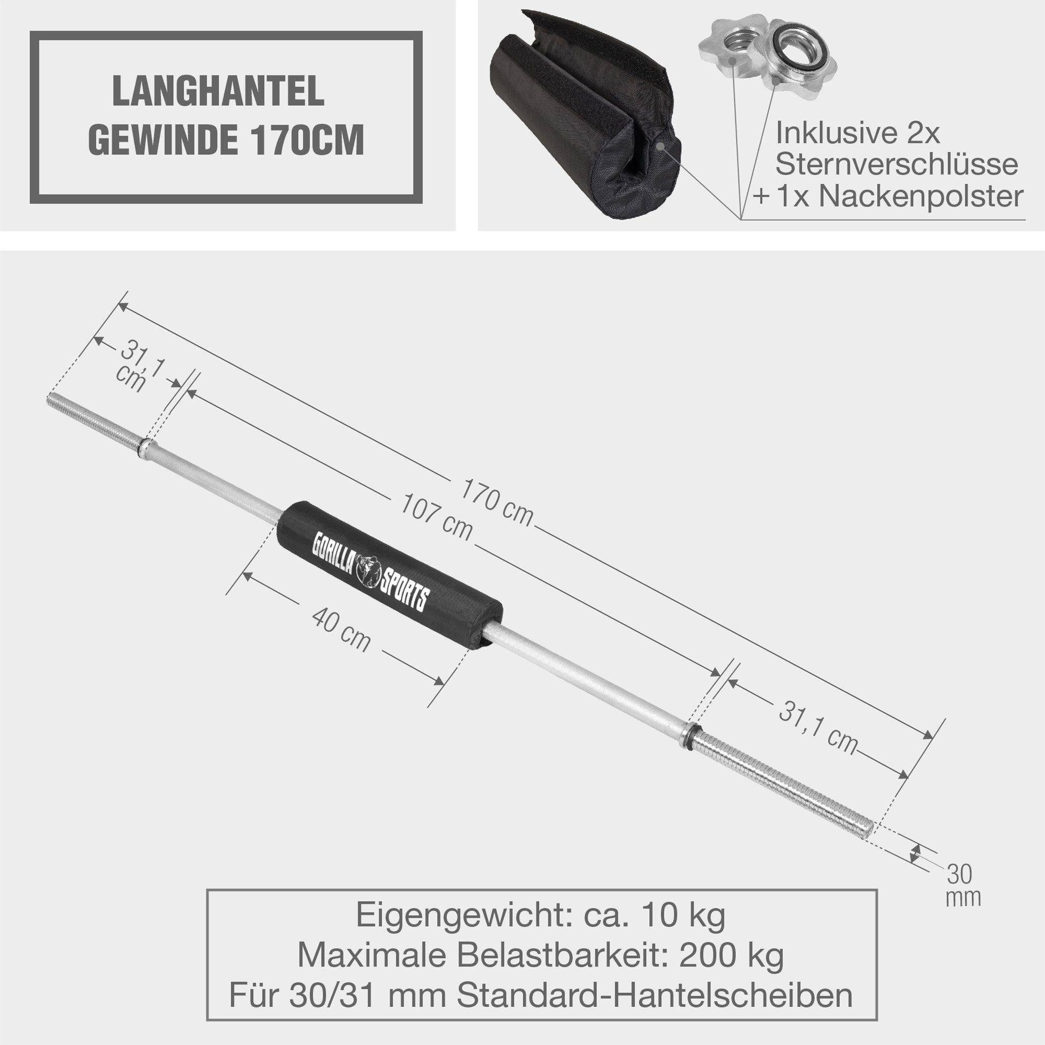GORILLA SPORTS Langhantelstange Langhantel 170 cm mit Nackenpolster mit Sternverschlüssen, 170 cm (4-tlg)